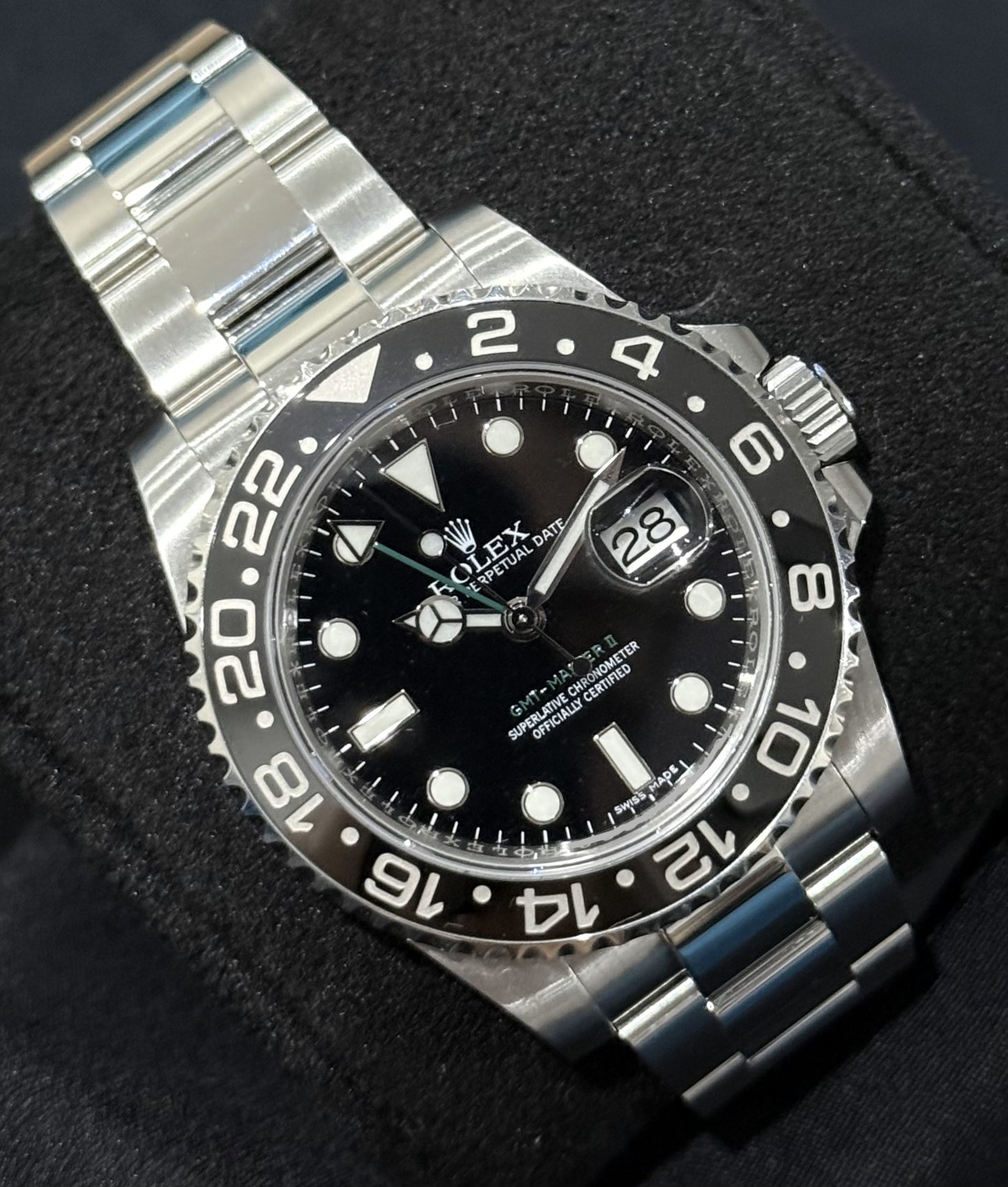 Rolex GMT-Master II Black Dial Green Arrow Hand 116710LN front left