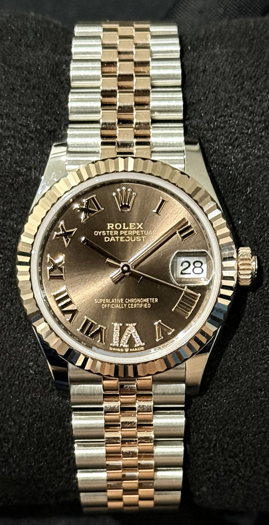Rolex Datejust 31 Two Tone Everose Gold Chocolate Roman Pave 6 Dial 278271 front