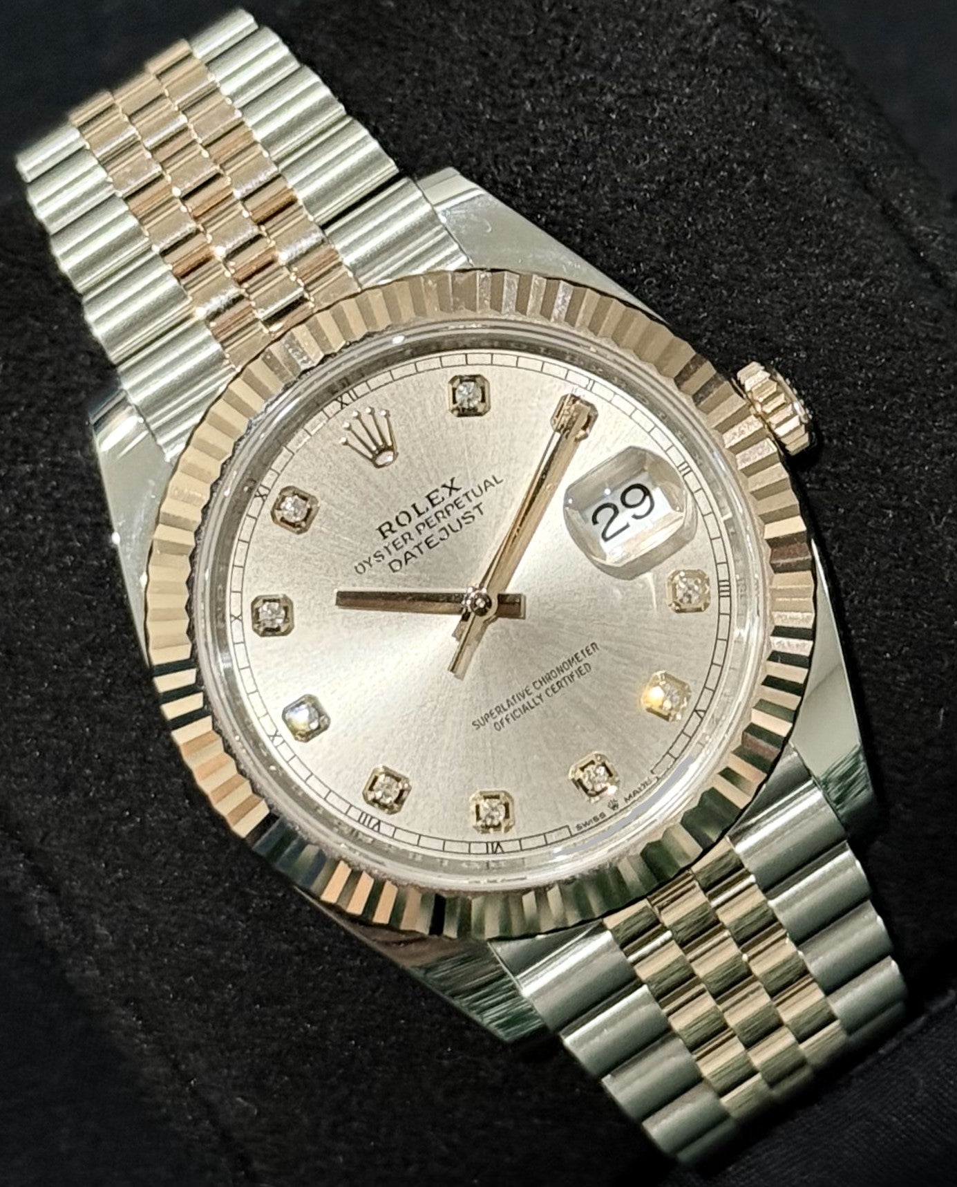Rolex Datejust 41 Two Tone Everose Gold Sundust Diamond Dial 126331 front left