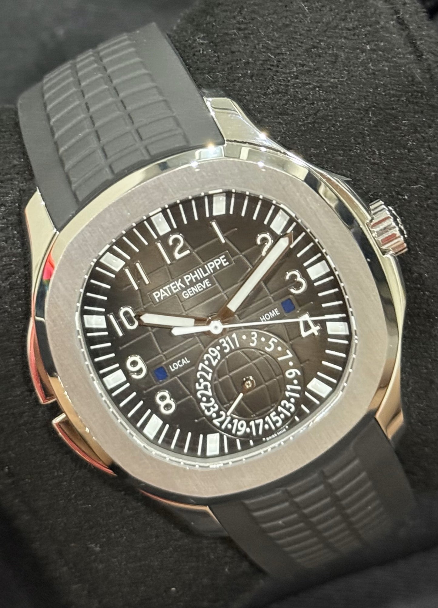 Patek Philippe Aquanaut Steel Travel Time Black Dial 5164A-001 front left