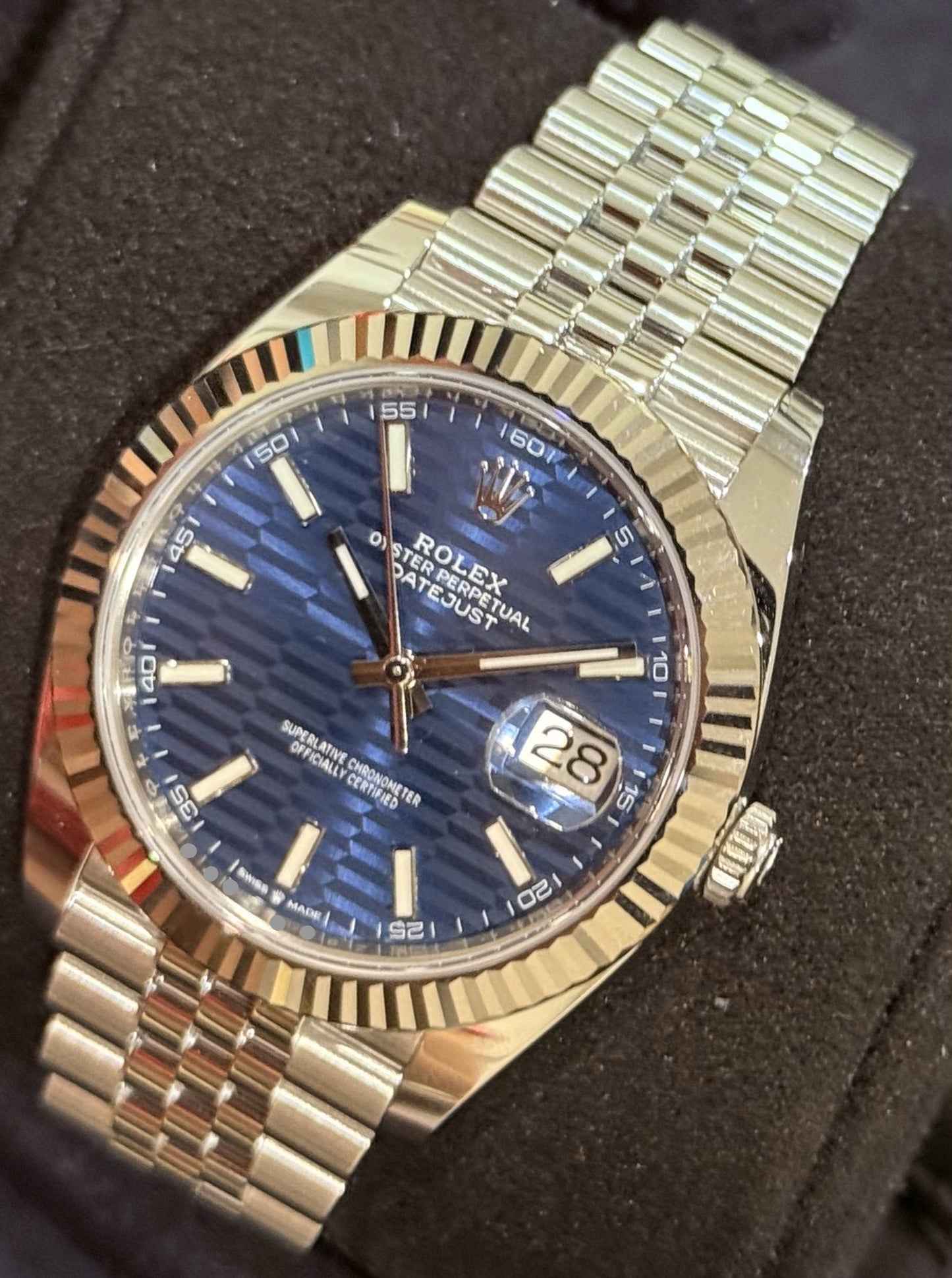 Rolex Datejust 41 Blue Motif Fluted Jubilee 126334 front left