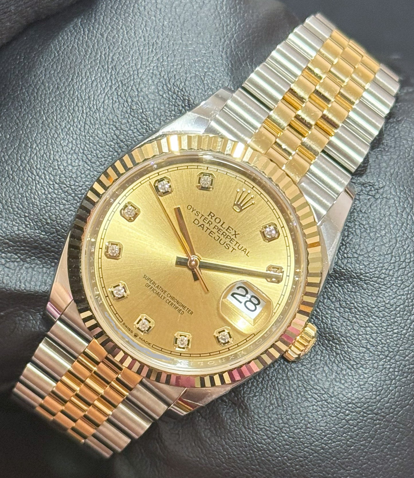 Rolex Datejust 36 Two-Tone Yellow Gold Champagne Dial with Diamonds 126233 front right