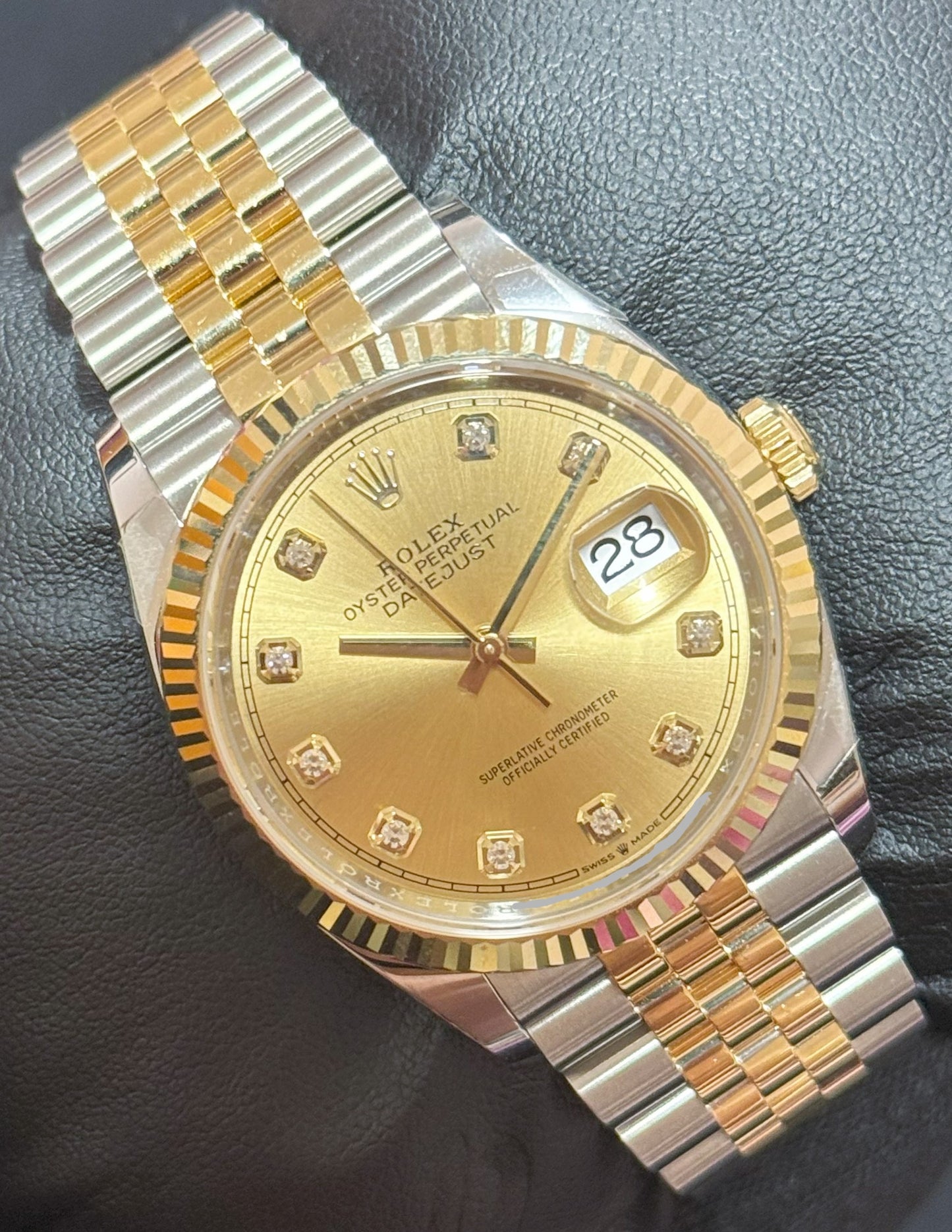 Rolex Datejust 36 Two-Tone Yellow Gold Champagne Dial with Diamonds 126233 front left