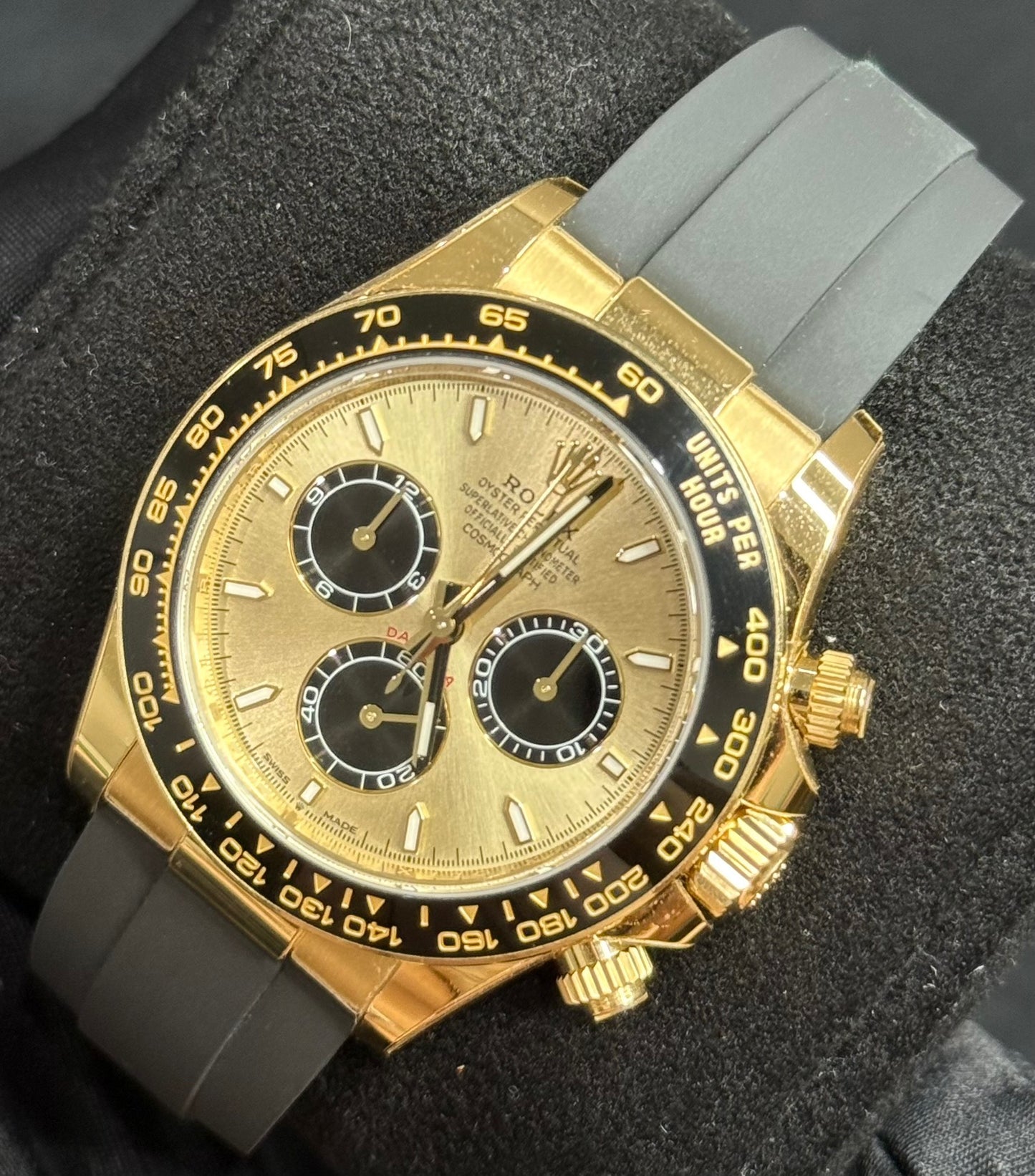 Rolex Cosmograph Daytona Yellow Gold 'Pikachu' Gold Dial with Black Sub-Dials Oysterflex 126518 front right