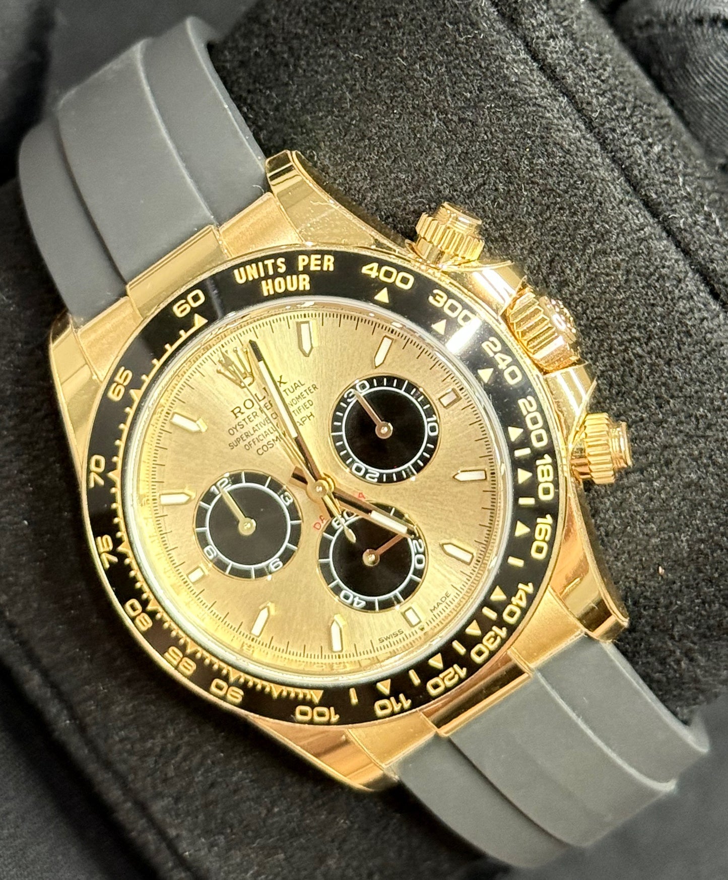 Rolex Cosmograph Daytona Yellow Gold 'Pikachu' Gold Dial with Black Sub-Dials Oysterflex 126518 front left