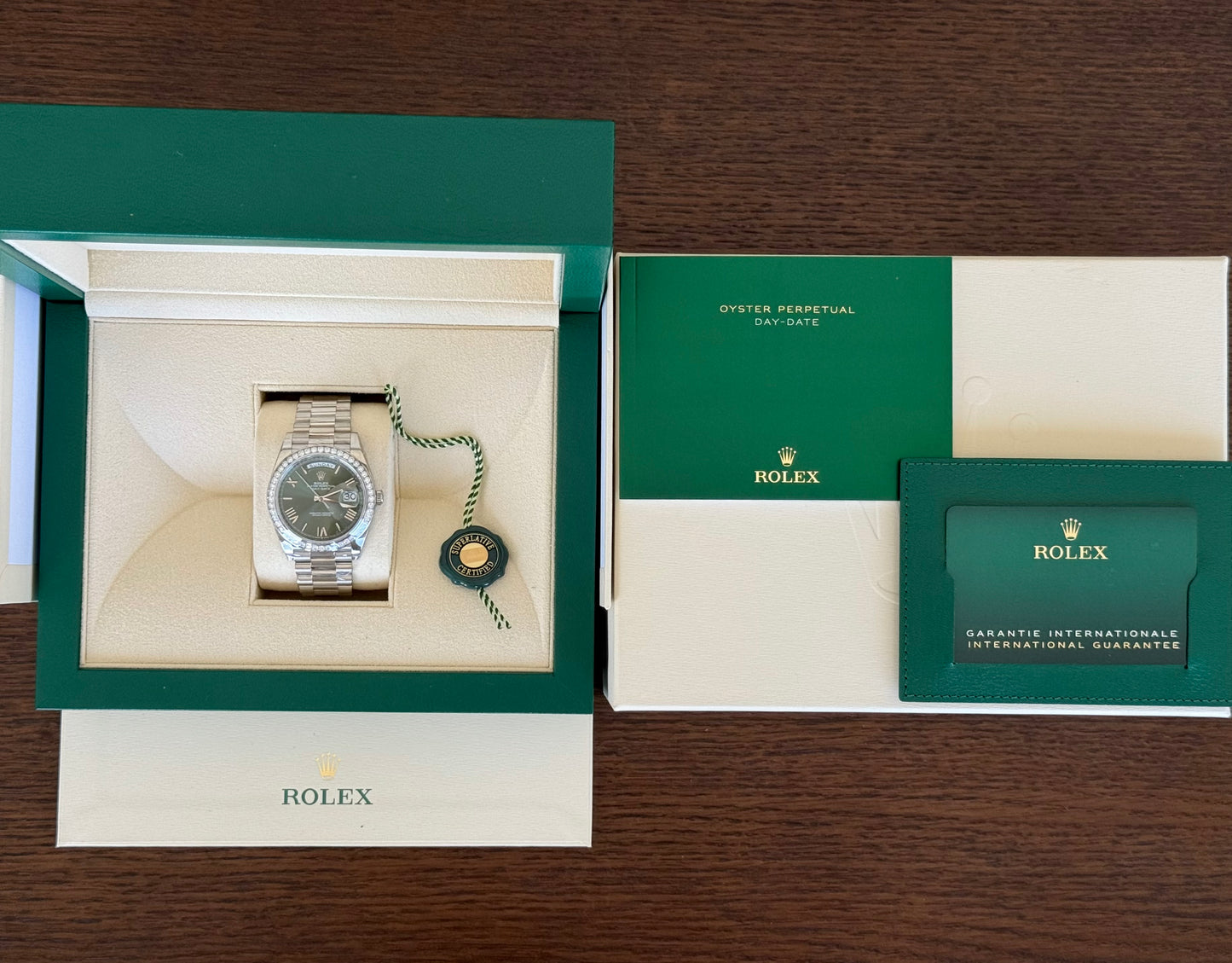 Rolex Day-Date 40 Olive Green Roman Dial with Factory Set Diamond Bezel 228349RBR full set