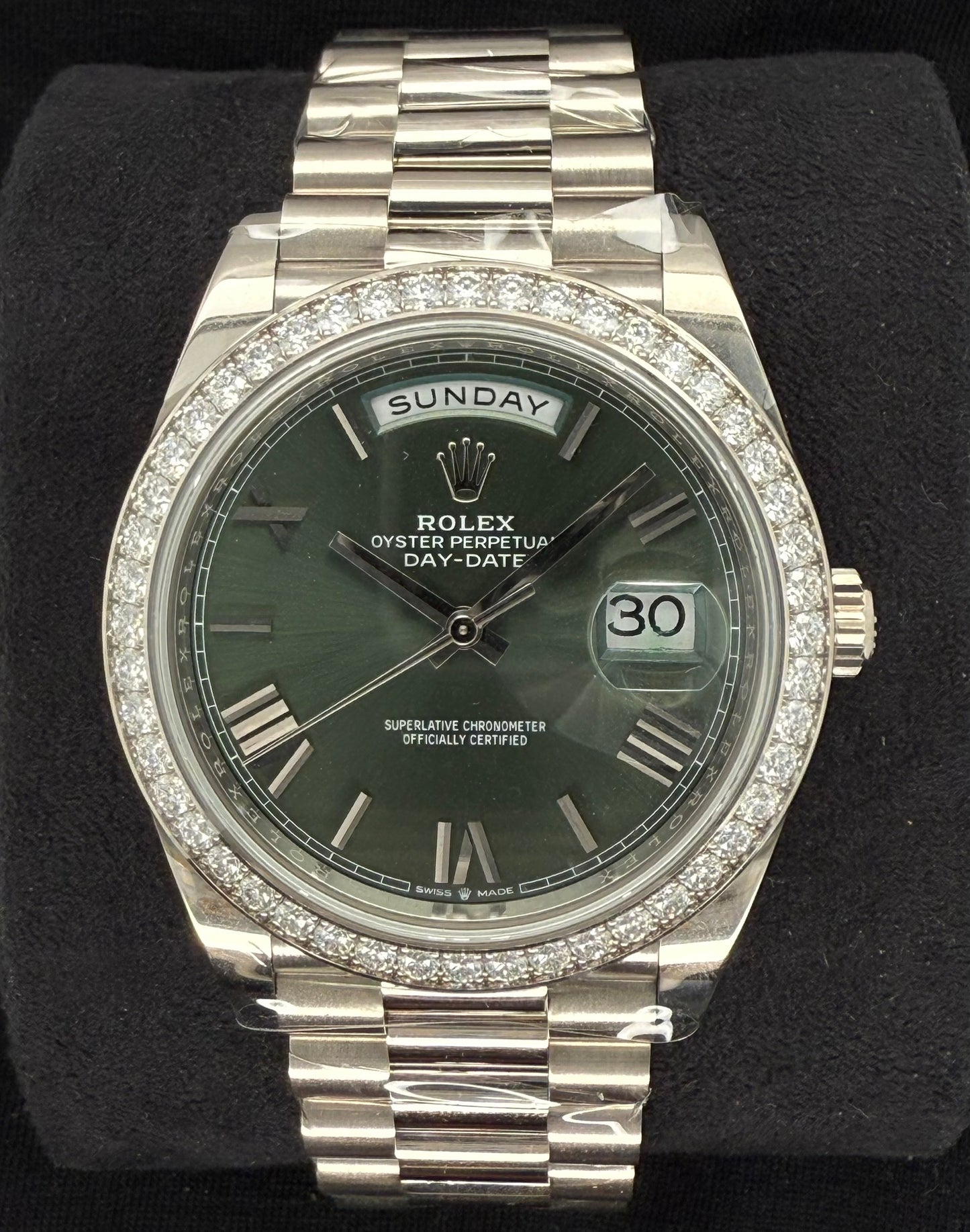 Rolex Day-Date 40 Olive Green Roman Dial with Factory Set Diamond Bezel 228349RBR front