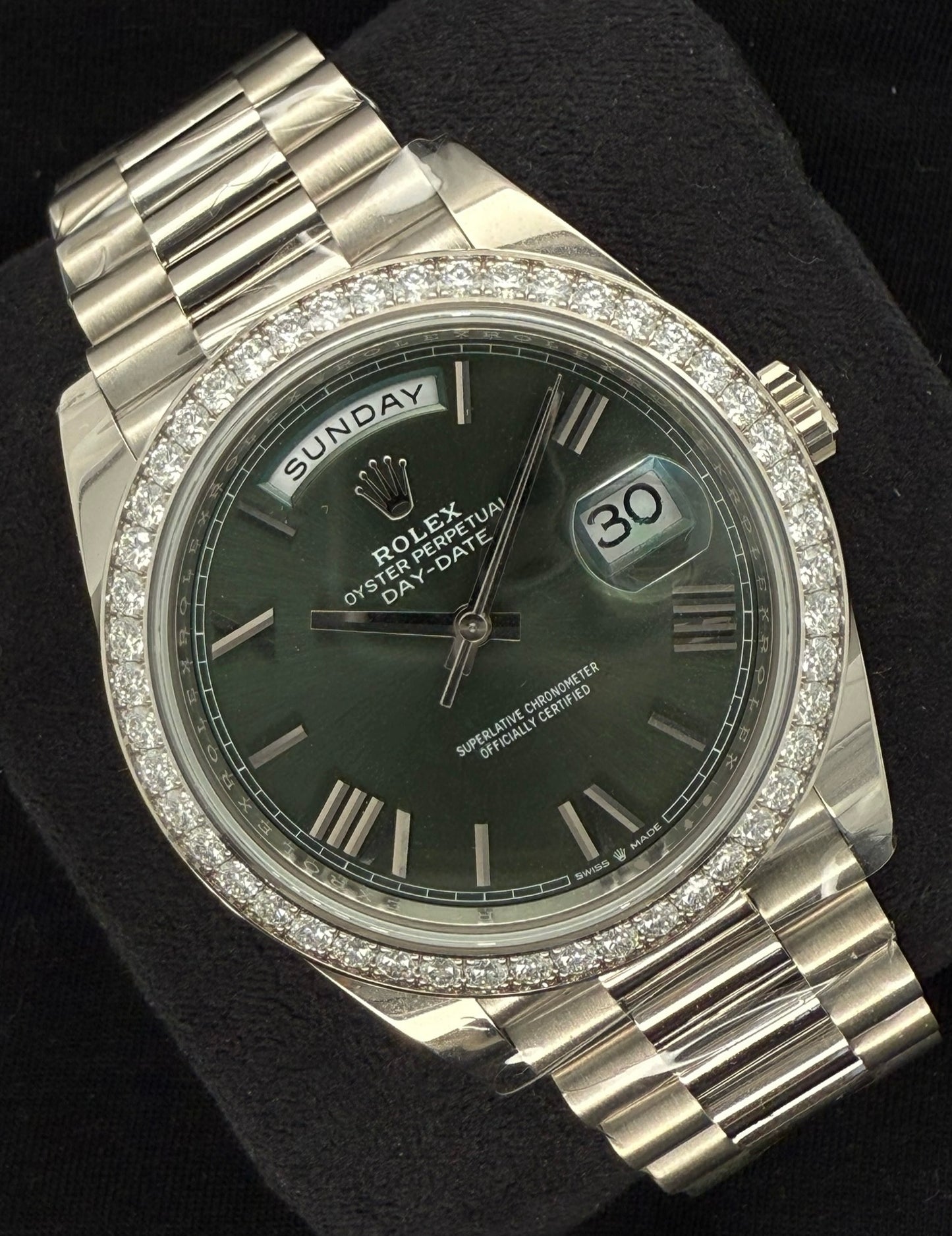 Rolex Day-Date 40 Olive Green Roman Dial with Factory Set Diamond Bezel 228349RBR front left