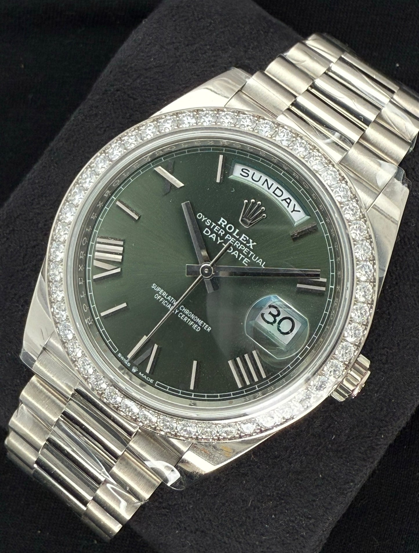 Rolex Day-Date 40 Olive Green Roman Dial with Factory Set Diamond Bezel 228349RBR front right