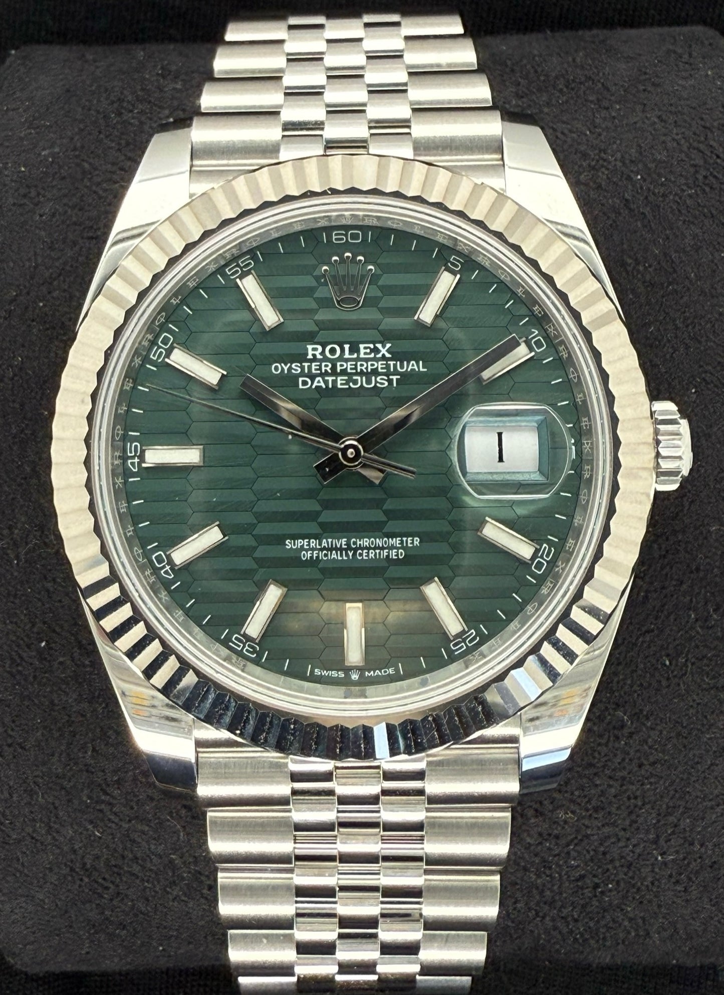 Rolex Datejust 41 Green Motif Dial Fluted Bezel Jubilee Stainless Steel 126334 front