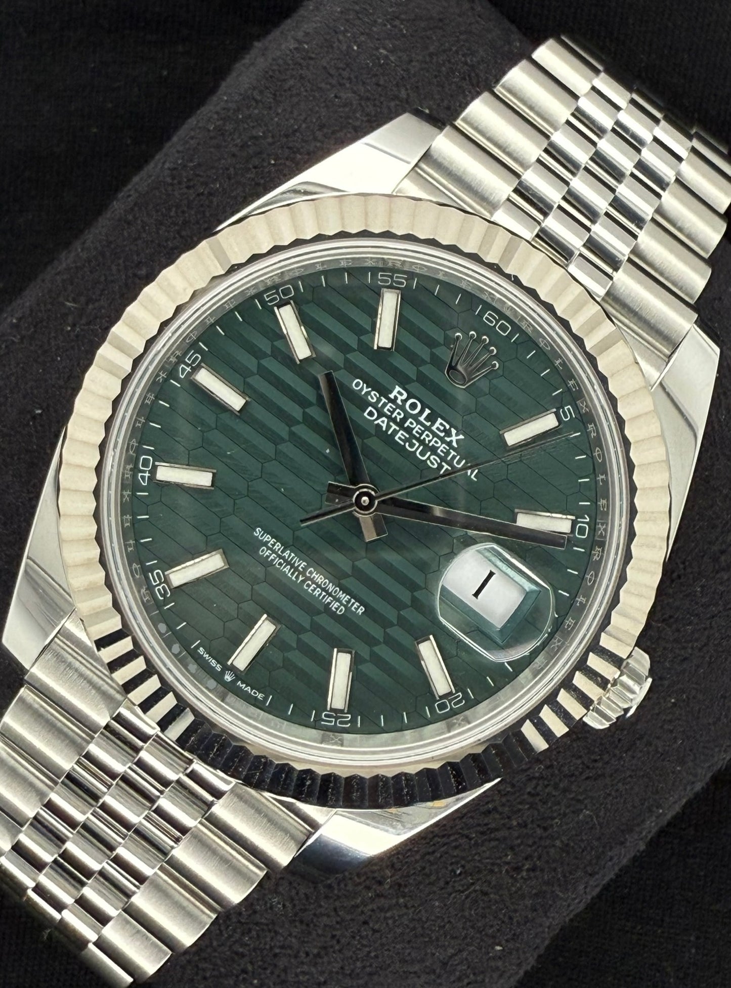 Rolex Datejust 41 Green Motif Dial Fluted Bezel Jubilee Stainless Steel 126334 front right