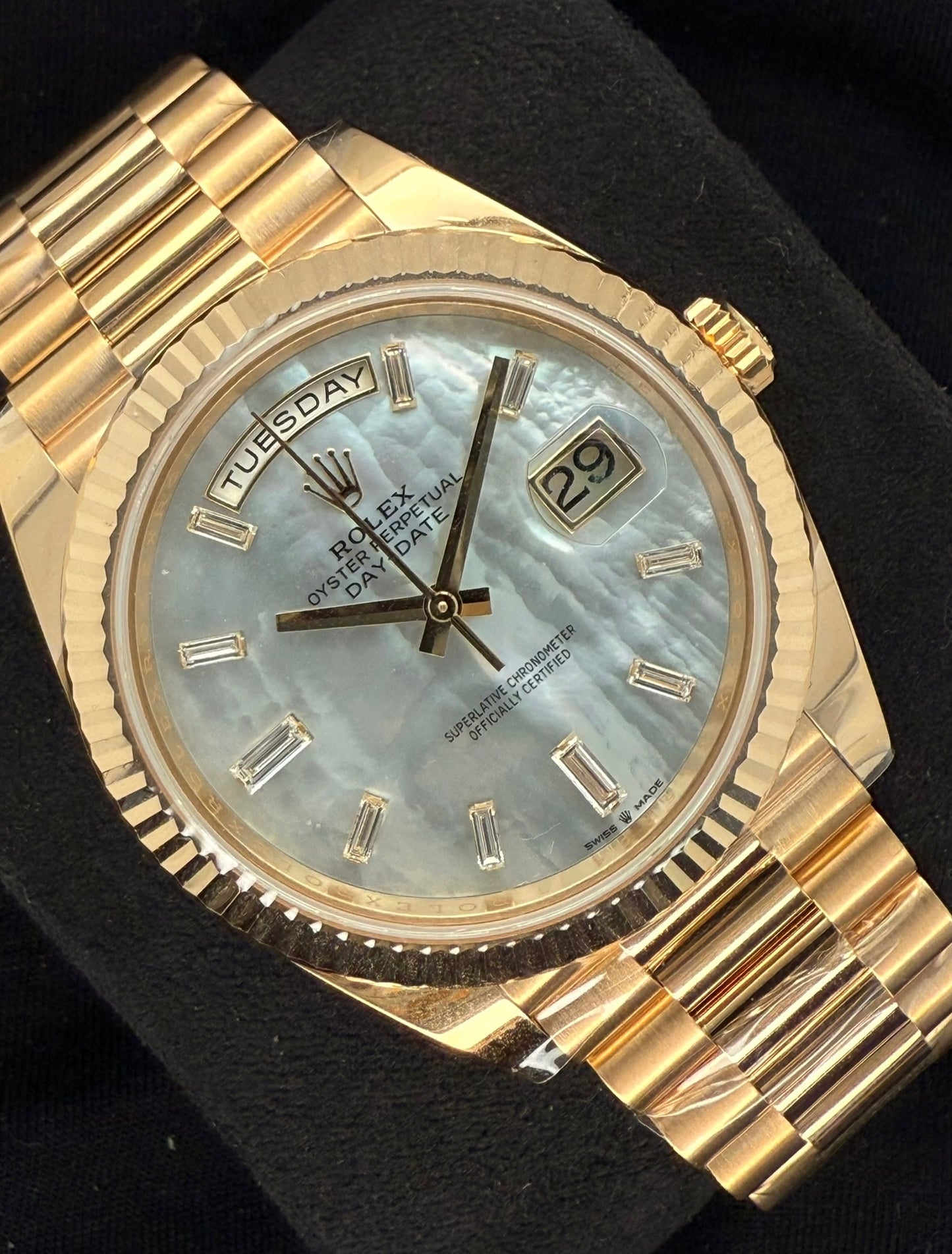 Rolex Day-Date 40 Yellow Gold Mother of Pearl ‘MOP’ Baguette Diamond Dial 228238 front left