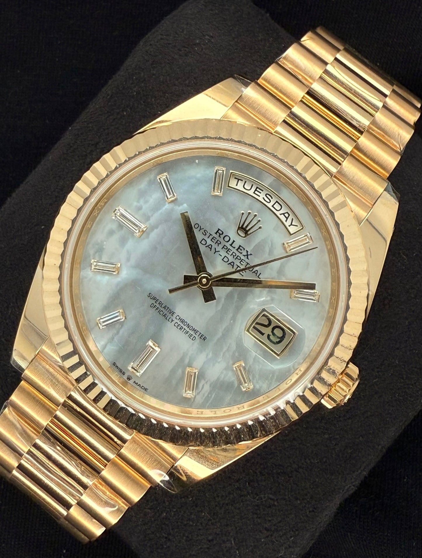 Rolex Day-Date 40 Yellow Gold Mother of Pearl ‘MOP’ Baguette Diamond Dial 228238 front right