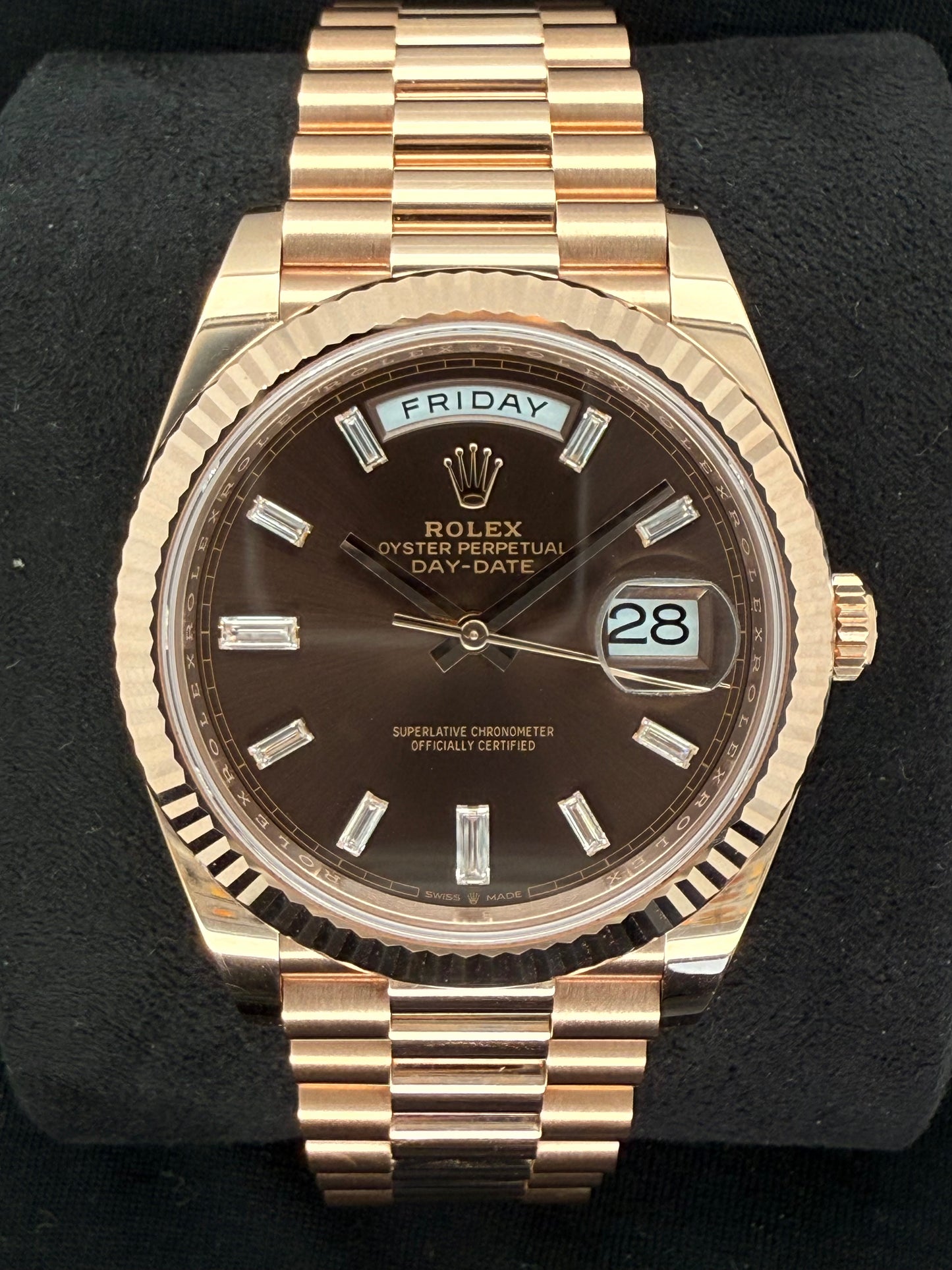 Rolex Day-Date 40 Everose Gold Chocolate Baguette Diamond Dial 228235 front