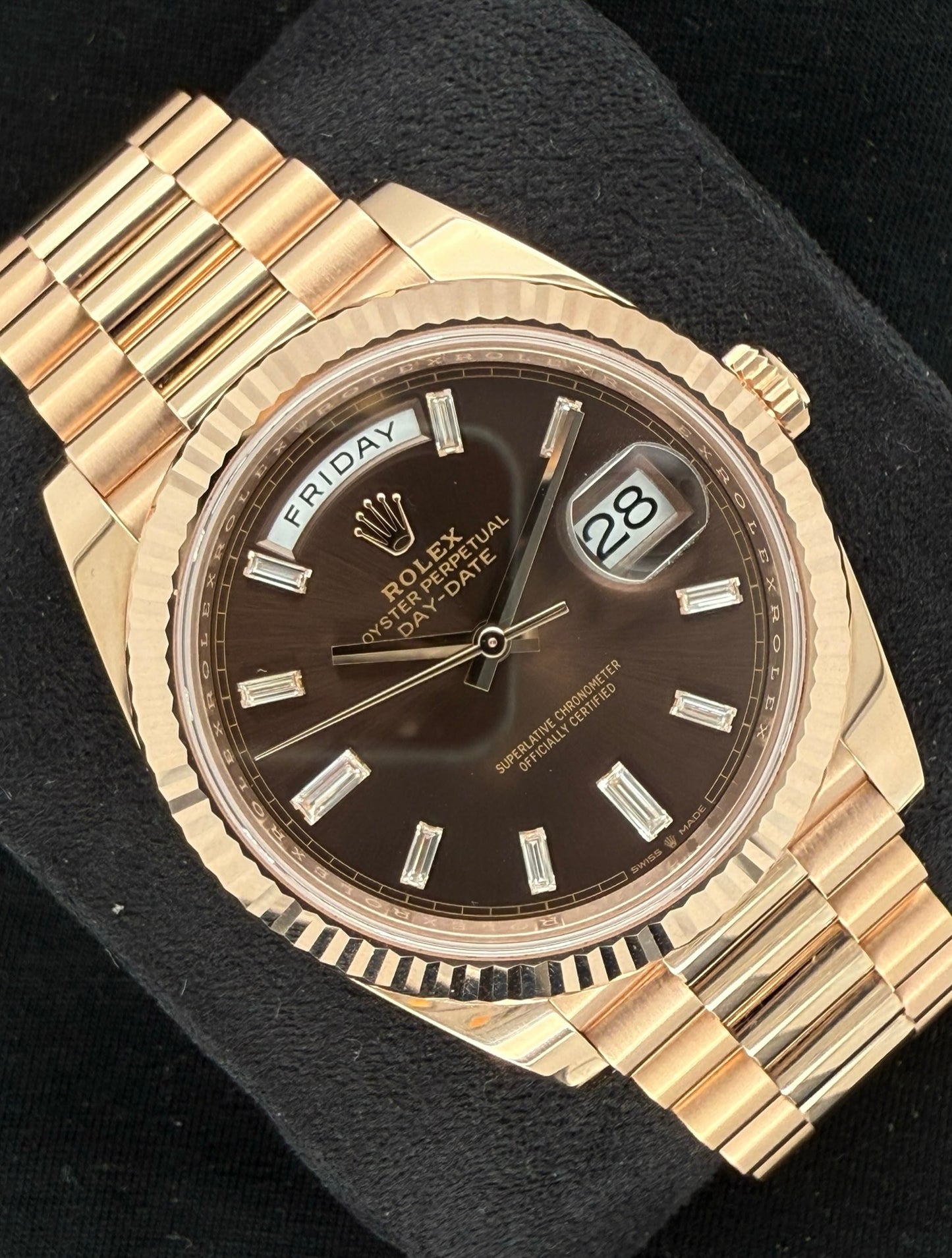 Rolex Day-Date 40 Everose Gold Chocolate Baguette Diamond Dial 228235 front left