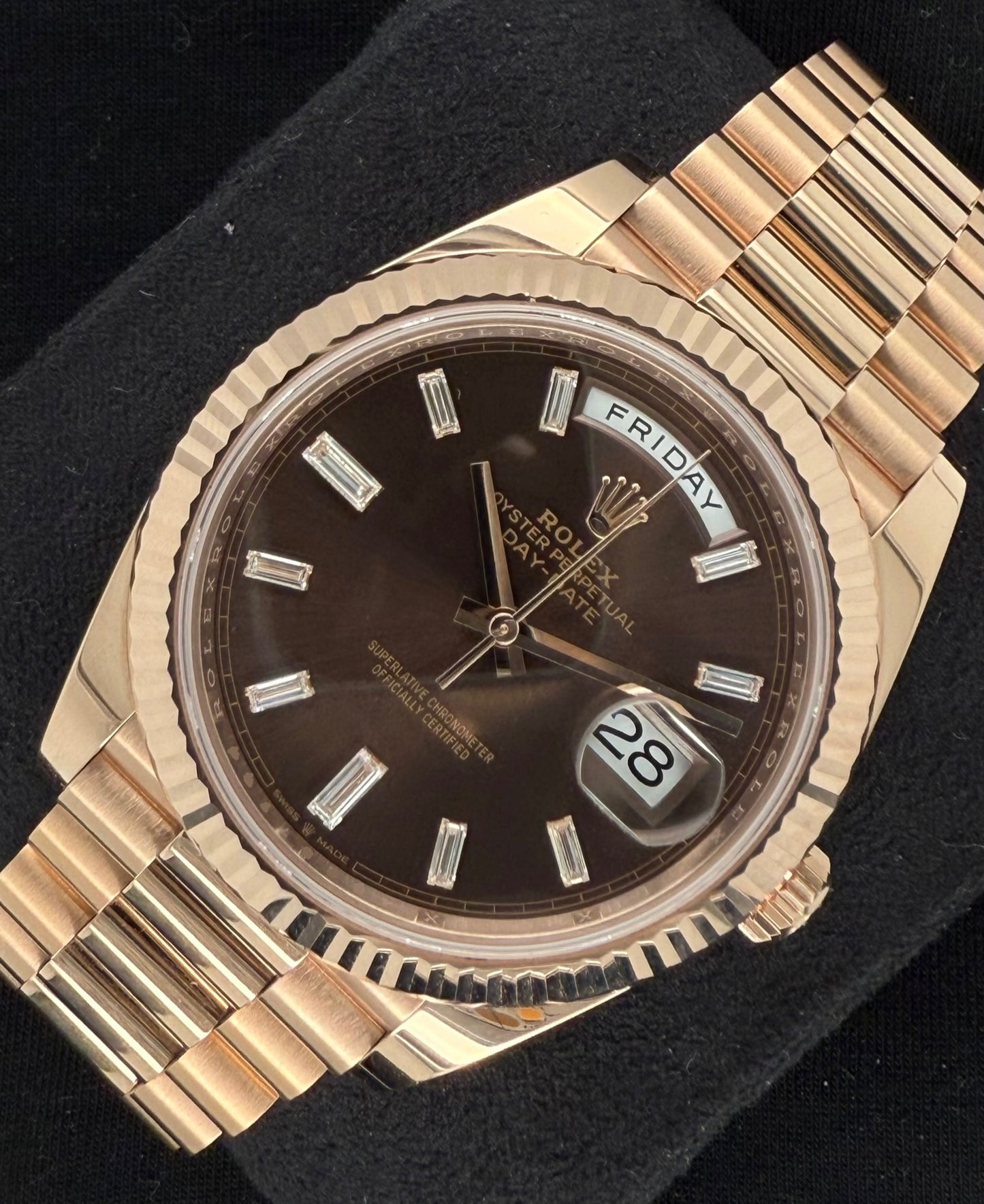 Rolex Day-Date 40 Everose Gold Chocolate Baguette Diamond Dial 228235 front right