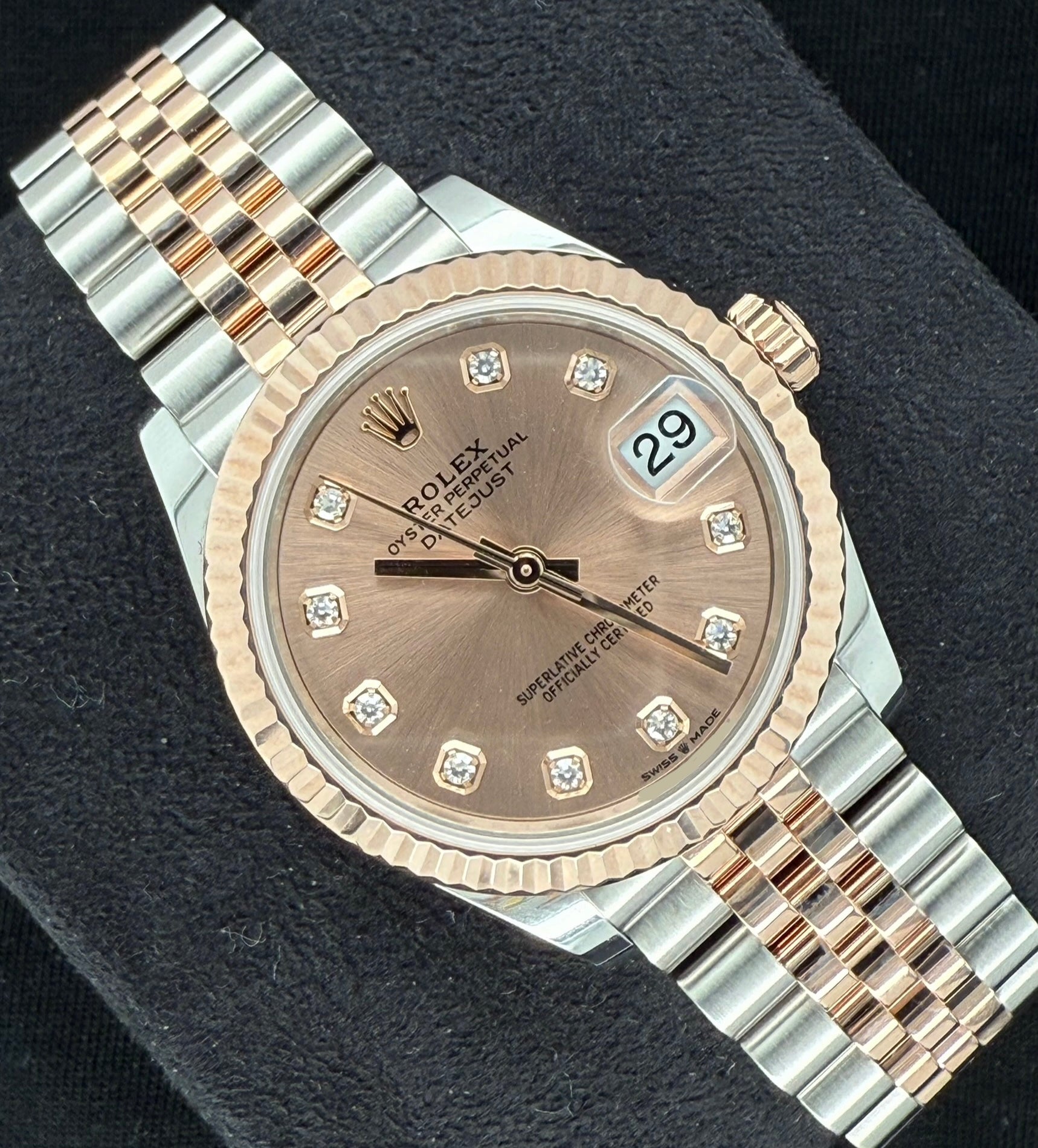 Rolex Datejust 31 Two Tone Everose Gold Pink Sundust Diamond Dial 278271 front left