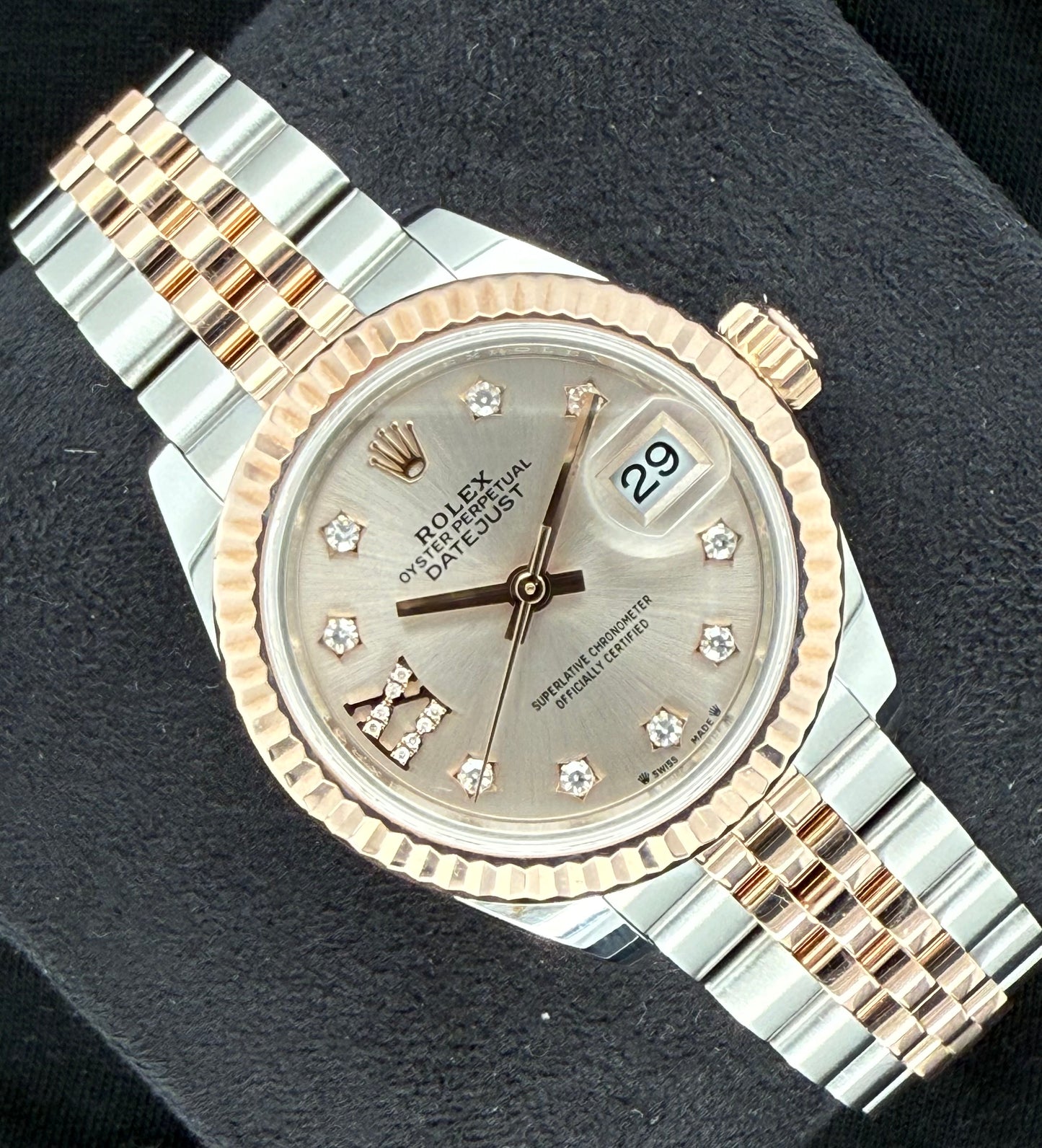 Rolex Datejust 28 Two Tone Everose Gold Pink Sundust Star Diamond Dial 279161 front left