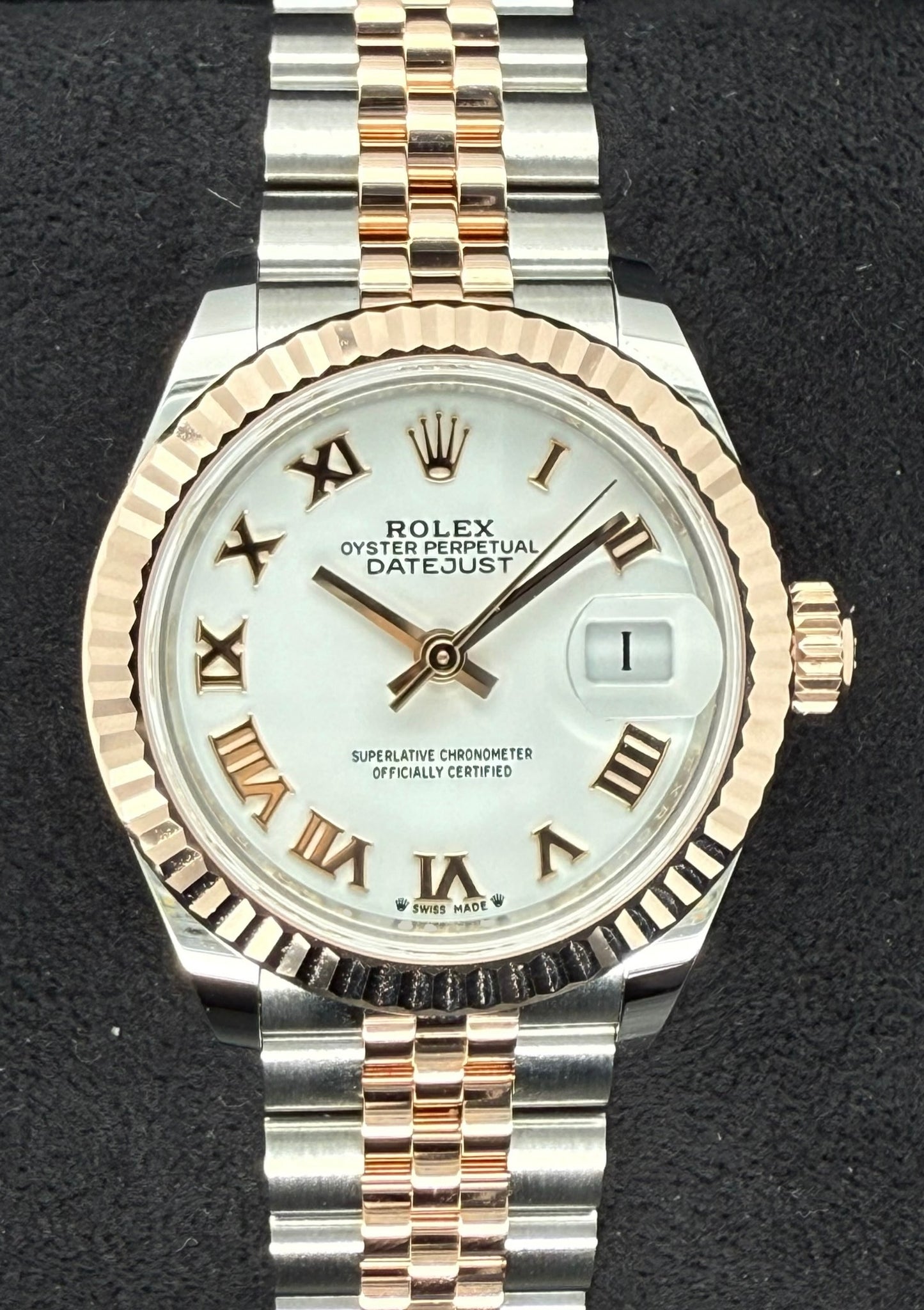 Rolex Datejust 28 Two Tone Everose Gold White Roman Dial 279171 front