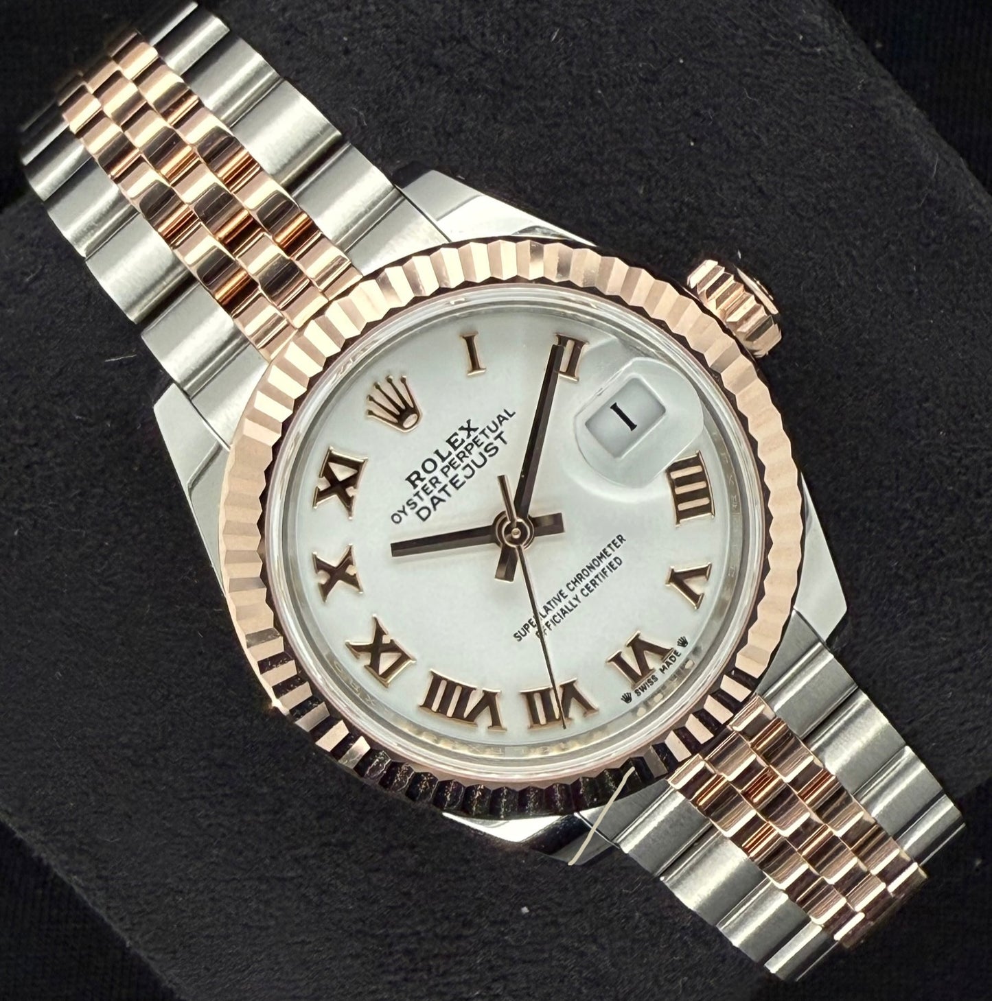 Rolex Datejust 28 Two Tone Everose Gold White Roman Dial 279171 front left