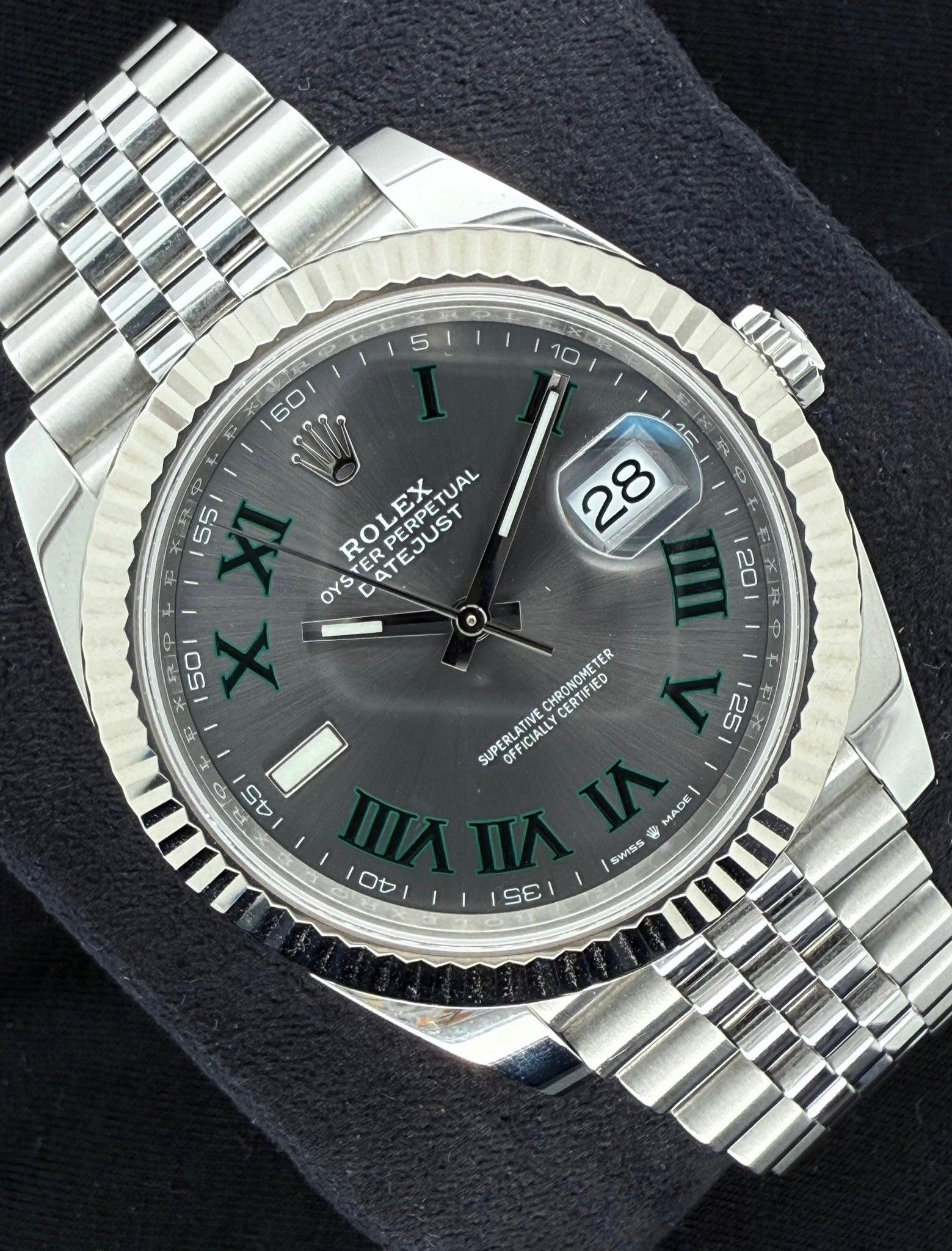 Rolex Datejust 41 Wimbledon Dial Fluted Bezel Jubilee Stainless Steel 126334 front left