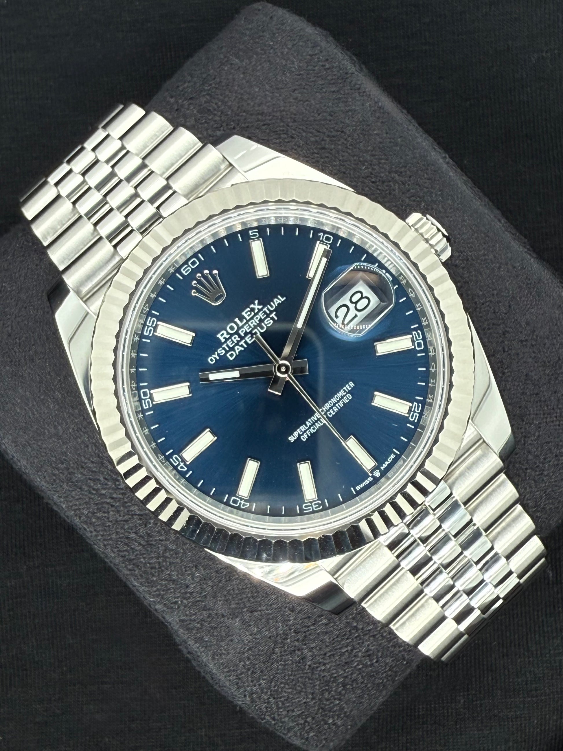 Rolex Datejust 41 Blue ‘Sticks’ Dial Fluted Bezel Jubilee Stainless Steel 126334 left