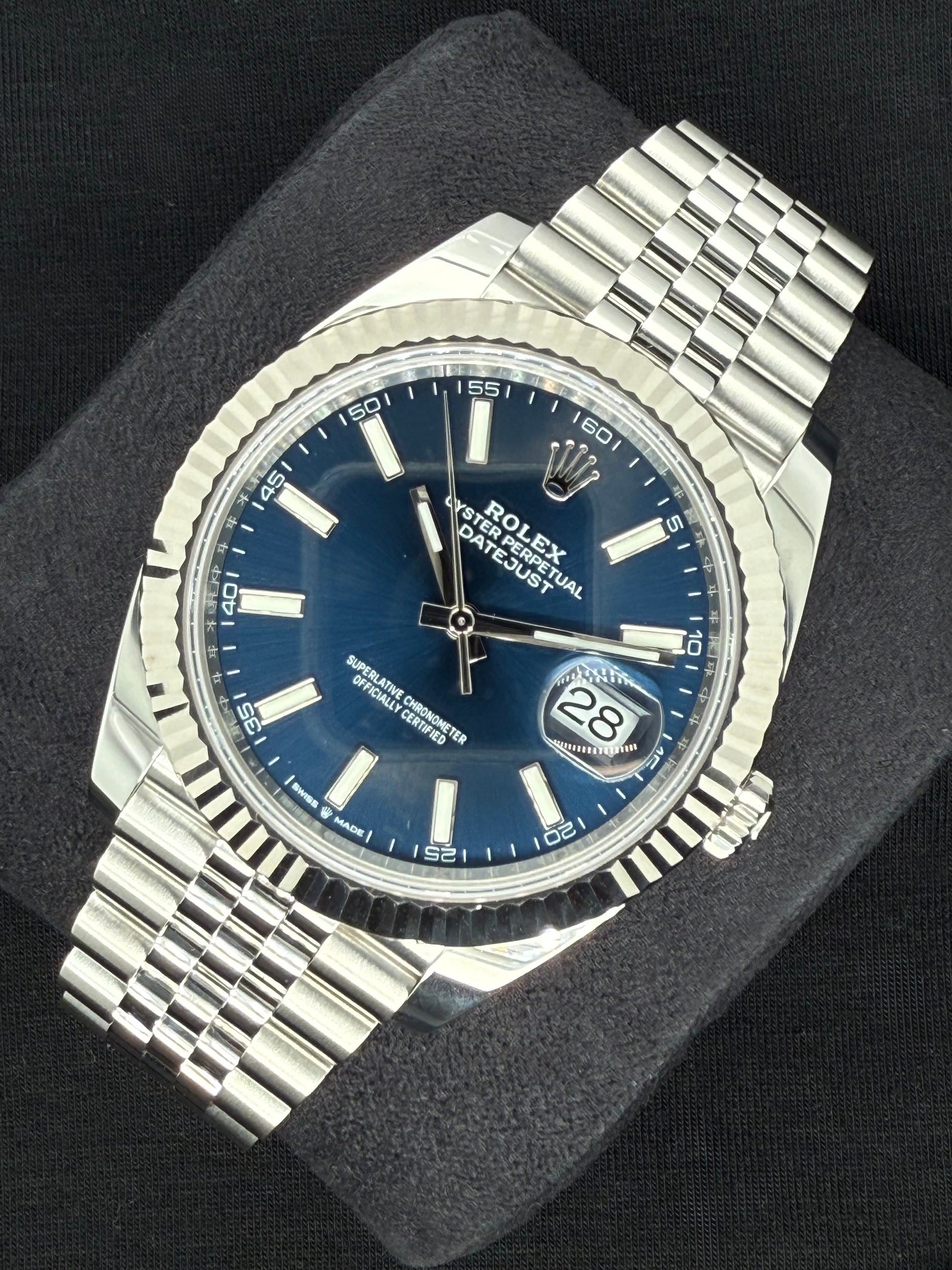 Rolex Datejust 41 Blue ‘Sticks’ Dial Fluted Bezel Jubilee Stainless Steel 126334 right