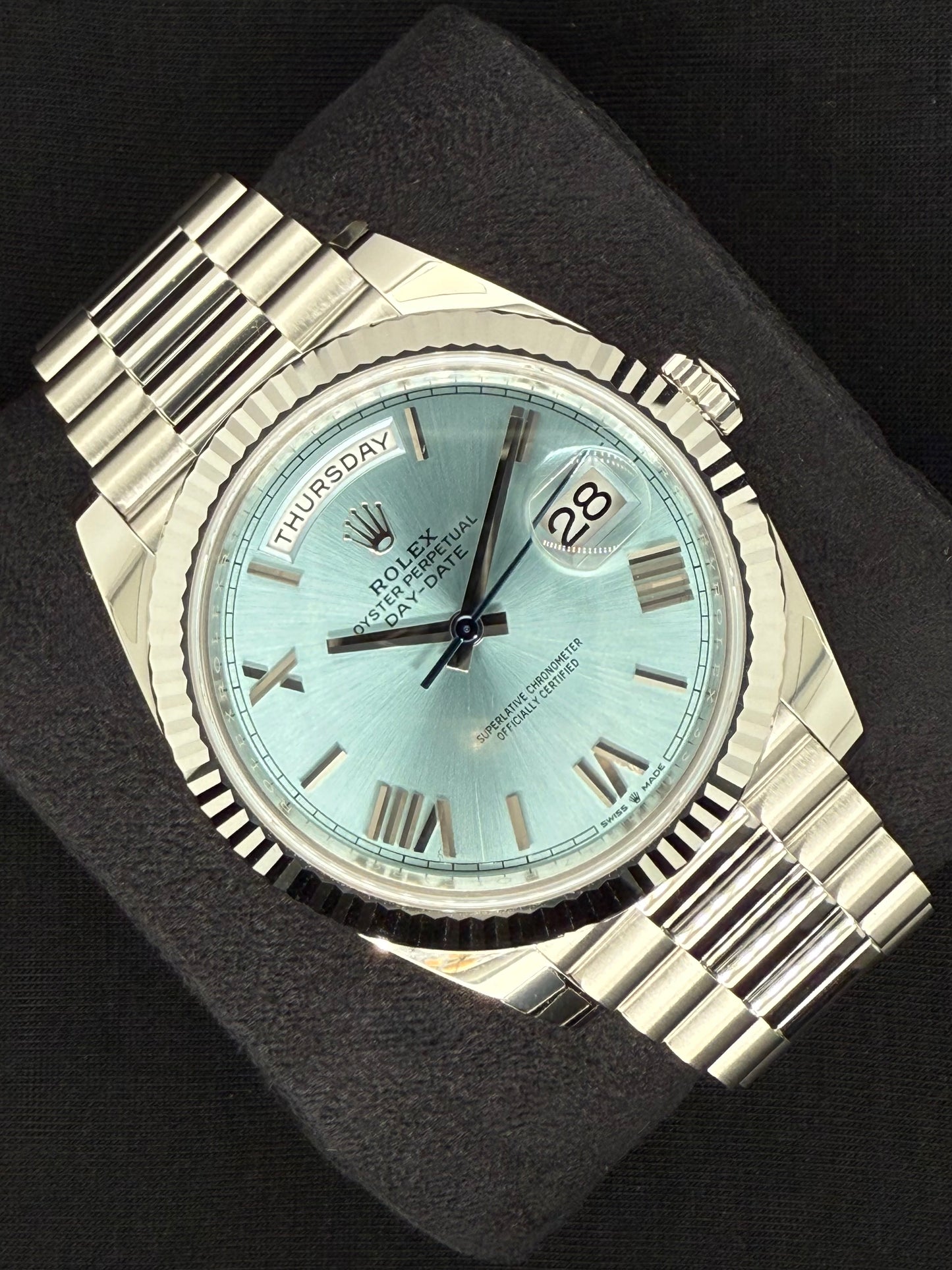 Rolex Day-Date 40 Platinum Ice Blue Roman Dial 228236 left