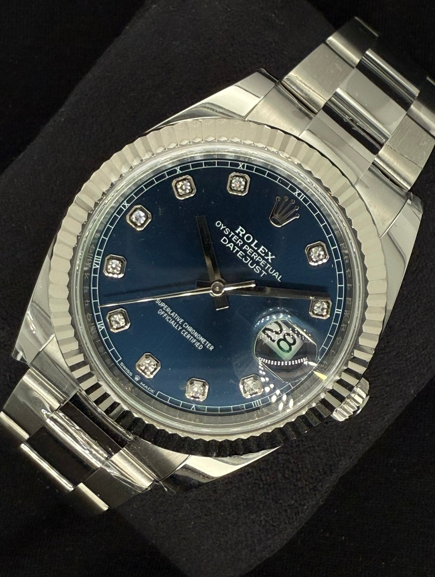 Rolex Datejust 41 Blue Diamond Dial Fluted Oystersteel 126334 front right