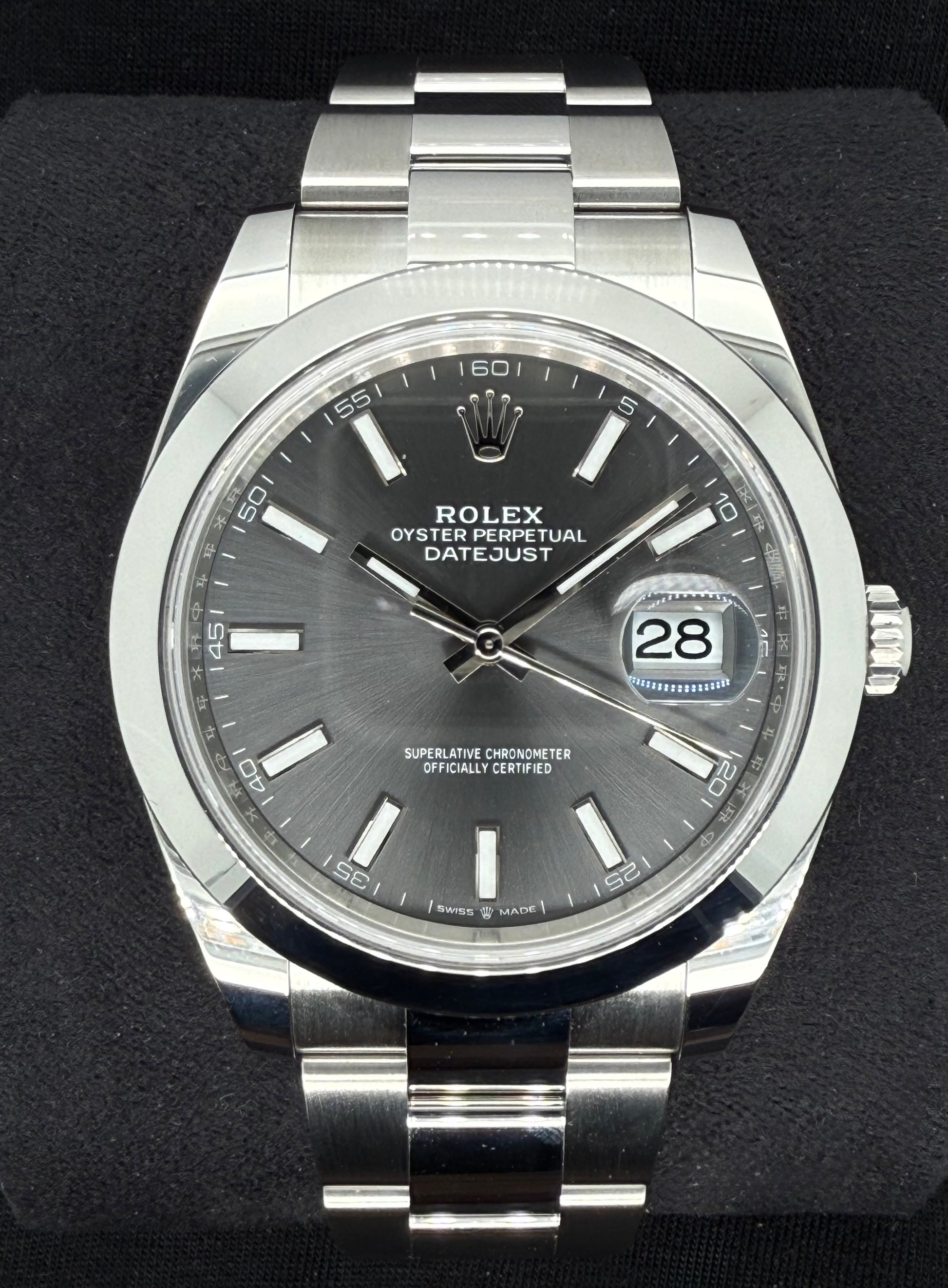 Rolex Datejust 41 Rhodium Grey 'Sticks' Smooth Bezel Oystersteel 126300 front