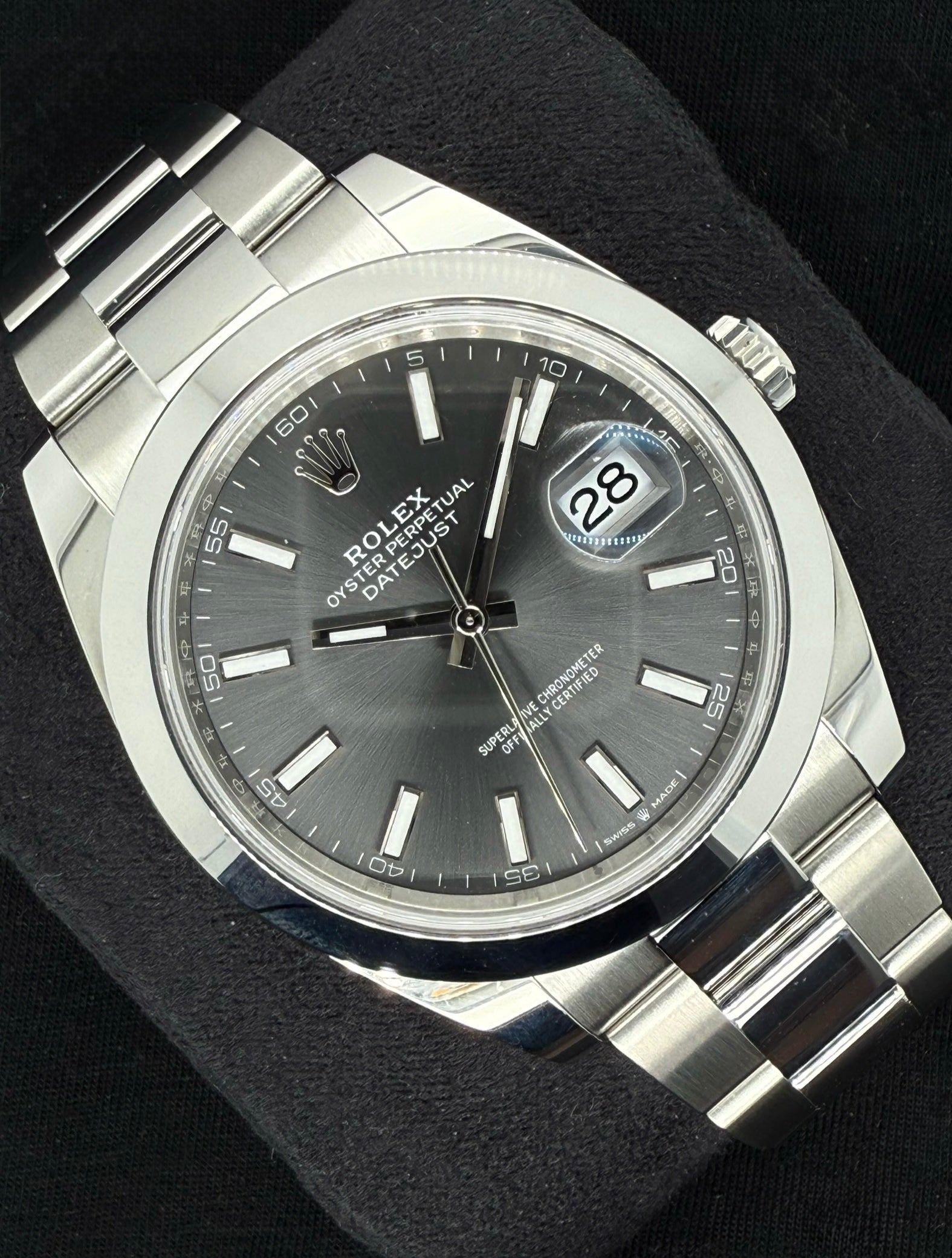 Rolex Datejust 41 Rhodium Grey 'Sticks' Smooth Bezel Oystersteel 126300 front left