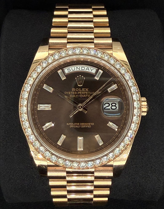 Rolex Day-Date 40 Everose Gold Chocolate Diamond Baguette Dial with Factory Diamond Bezel 228345RBR