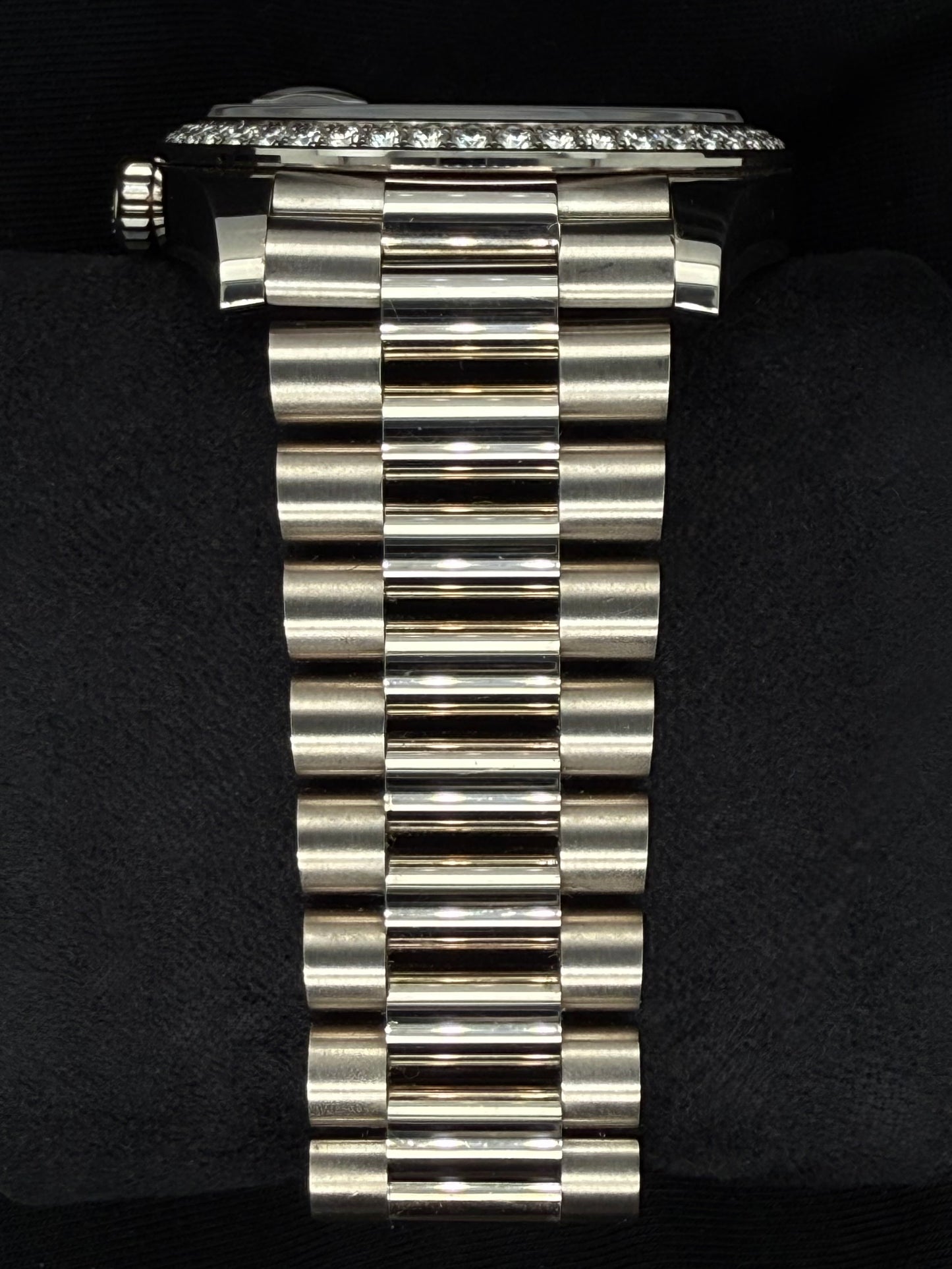 Rolex Day-Date 40 White Gold with Factory Set Diamond Pavé Dial with Baguette Diamonds and Sapphires and Diamond-Set Bezel 228349RBR bracelet