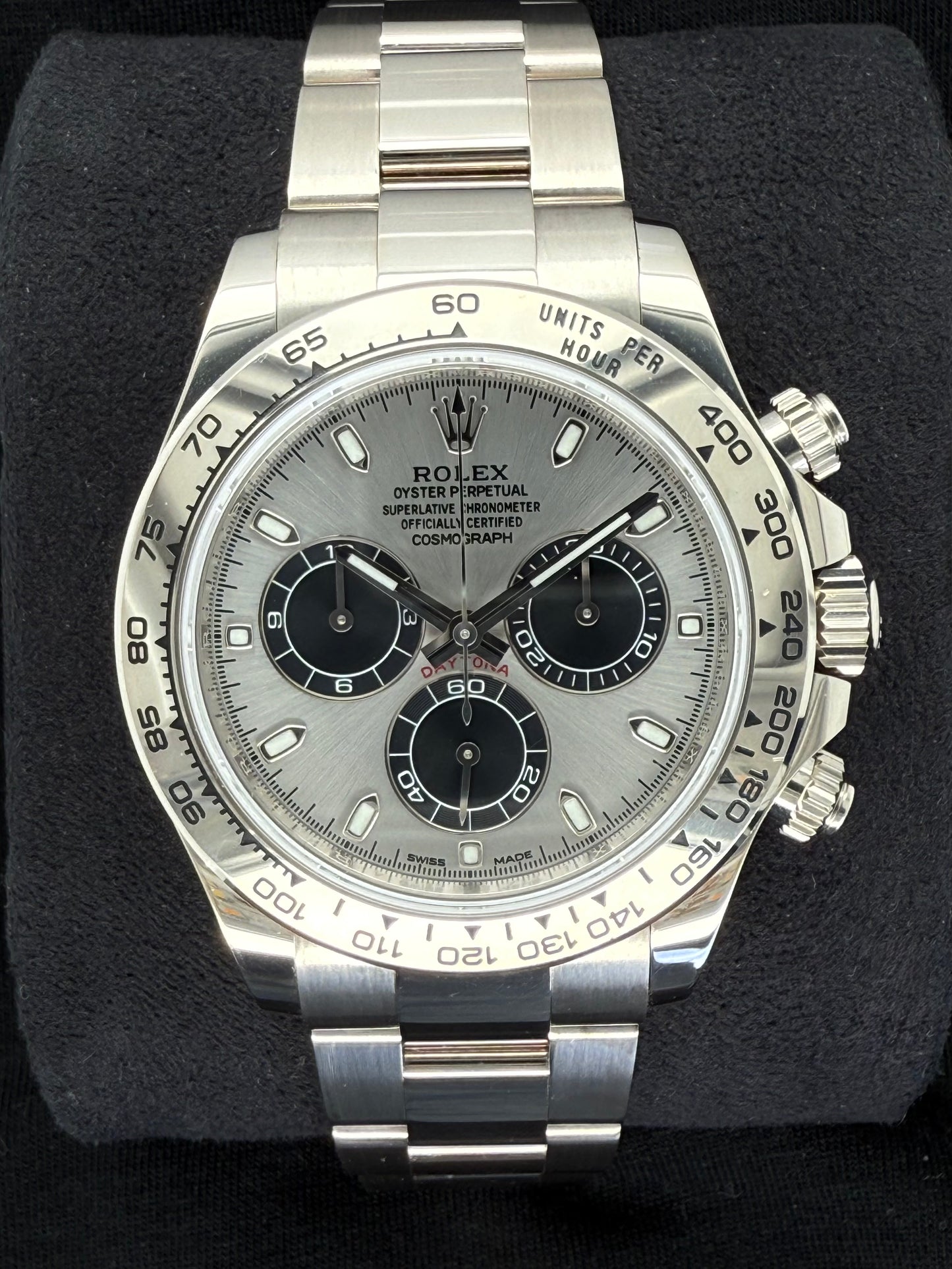 ROLEX DAYTONA GHOST COSMOGRAPH WHITE GOLD SILVER AND BLACK INDEX DIAL OYSTERSTEEL 126509 Front