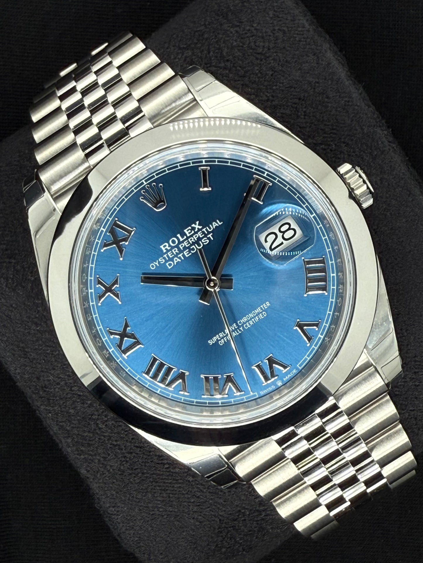 Rolex Datejust 41 Azzurro Blue Roman Dial Fluted Jubilee 126300 left