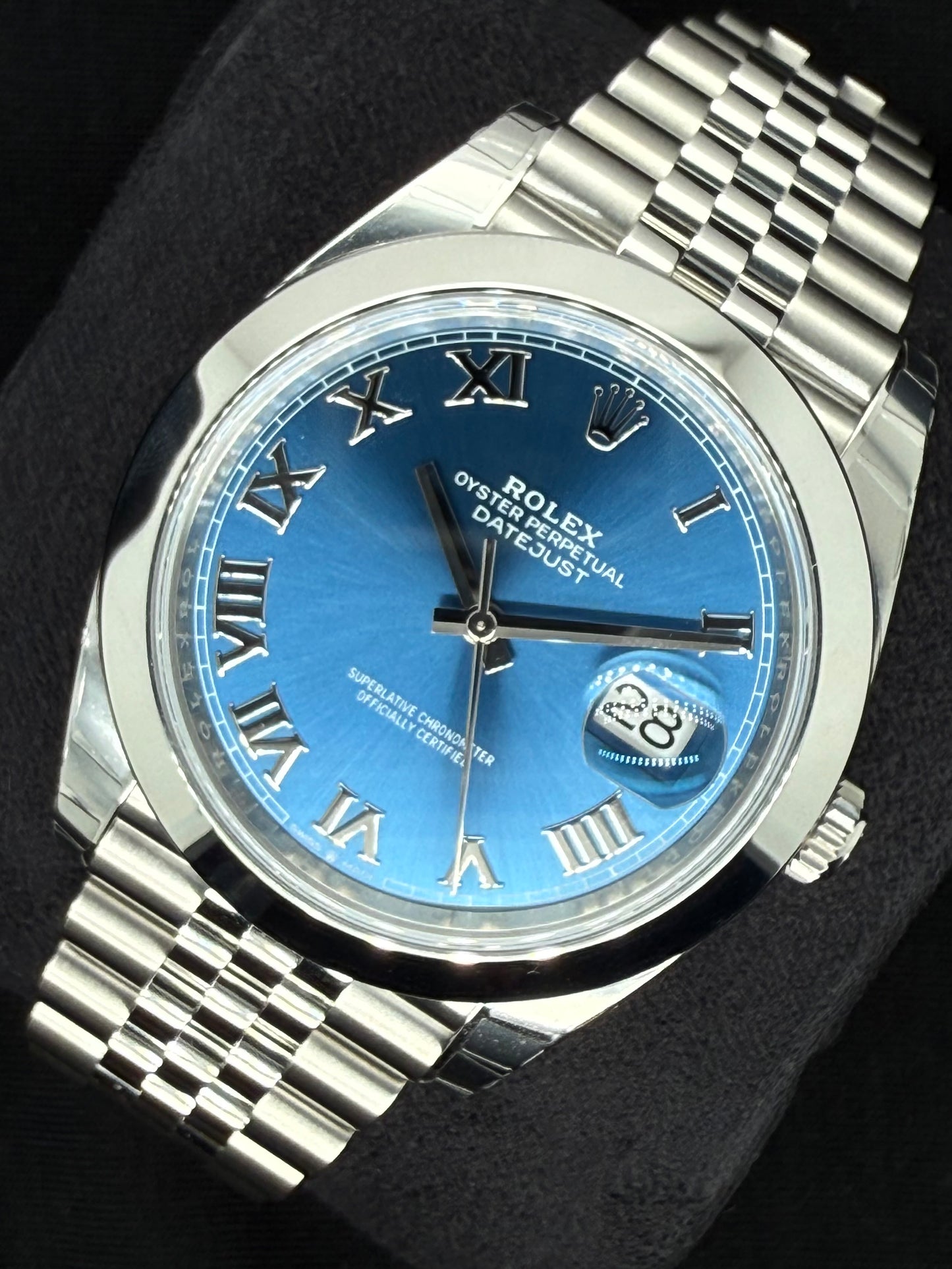 Rolex Datejust 41 Azzurro Blue Roman Dial Fluted Jubilee 126300 right