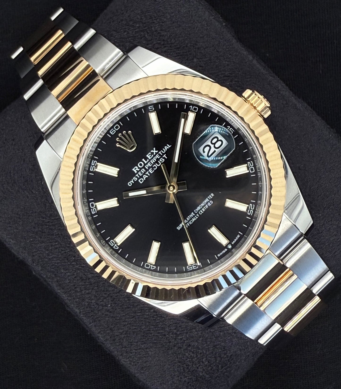 Rolex Datejust 41 Two Tone Yellow Gold with Black 'Sticks' Dial 126333 Left
