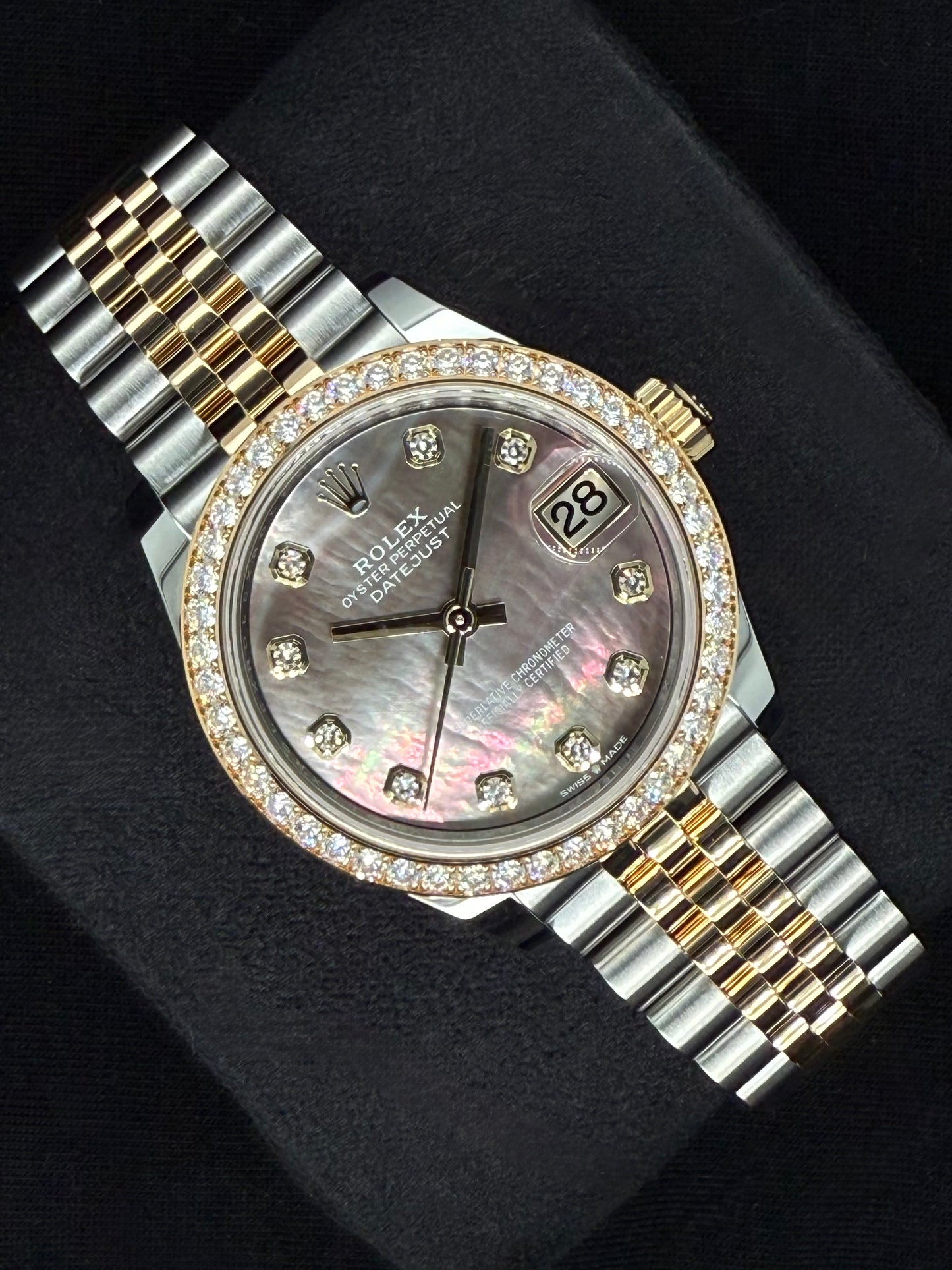 Rolex Datejust 31 "MOP" Black Mother of Pearl Dial with Factory-Set Diamond Bezel 278383RBR left