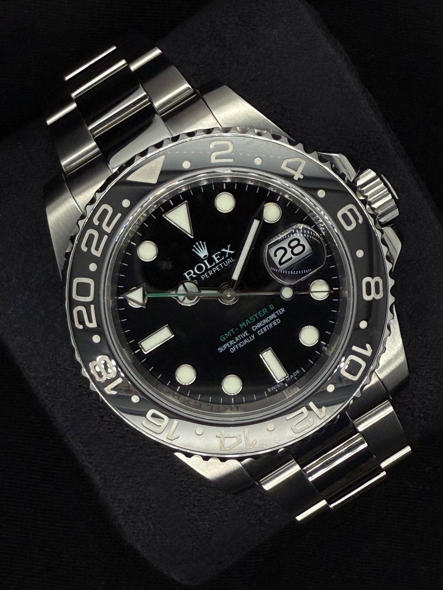 Rolex GMT-Master II Black Dial Green Arrow Hand 116710LN left