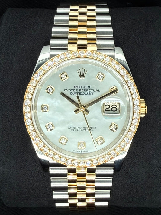 Rolex Datejust 36 Two-Tone Yellow Gold Mother of Pearl ‘MOP’ Diamond Dial with Factory-Set Diamond Bezel 126283RBR