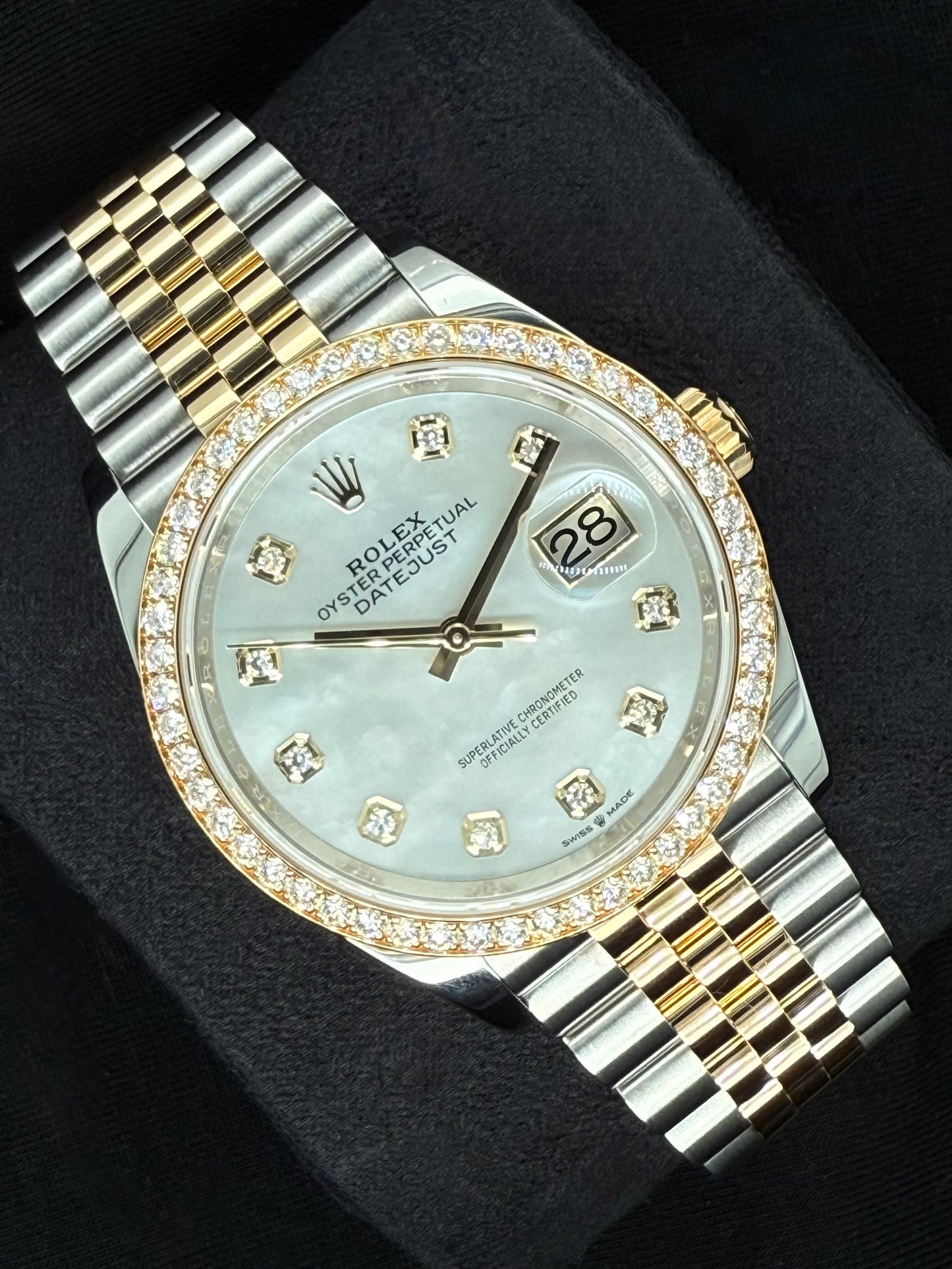 Rolex Datejust 36 Two-Tone Yellow Gold Mother of Pearl ‘MOP’ Diamond Dial with Factory-Set Diamond Bezel 126283RBR left