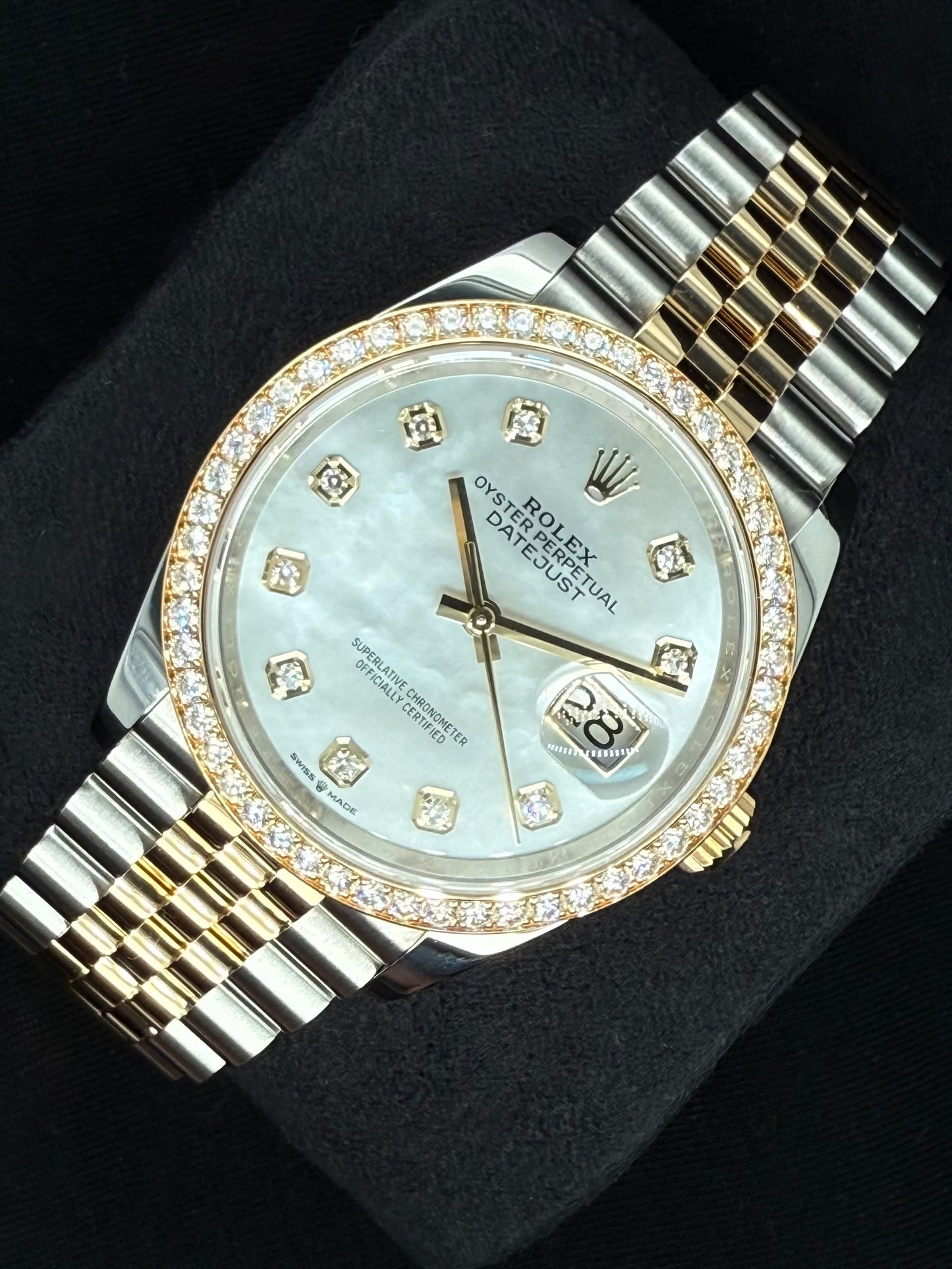 Rolex Datejust 36 Two-Tone Yellow Gold Mother of Pearl ‘MOP’ Diamond Dial with Factory-Set Diamond Bezel 126283RBR right