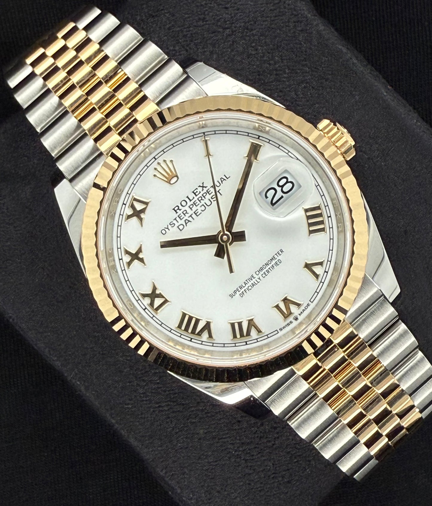 Rolex Datejust 36 Two-Tone Yellow Gold White Roman Dial 126233 Left