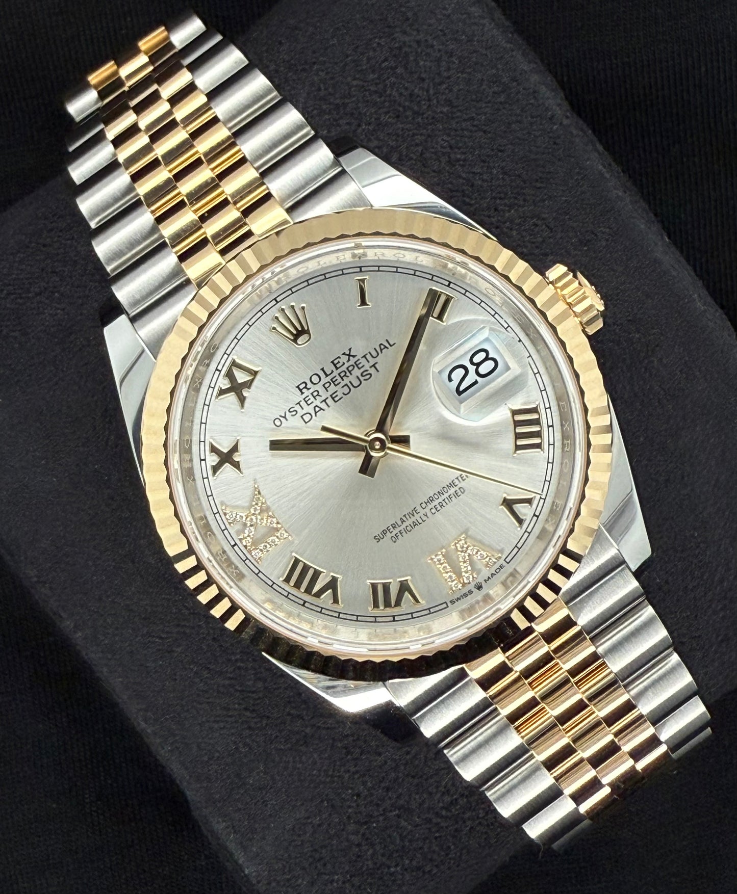 Rolex Datejust 36 Two-Tone Yellow Gold Silver Roman Diamond Dial 126233 left