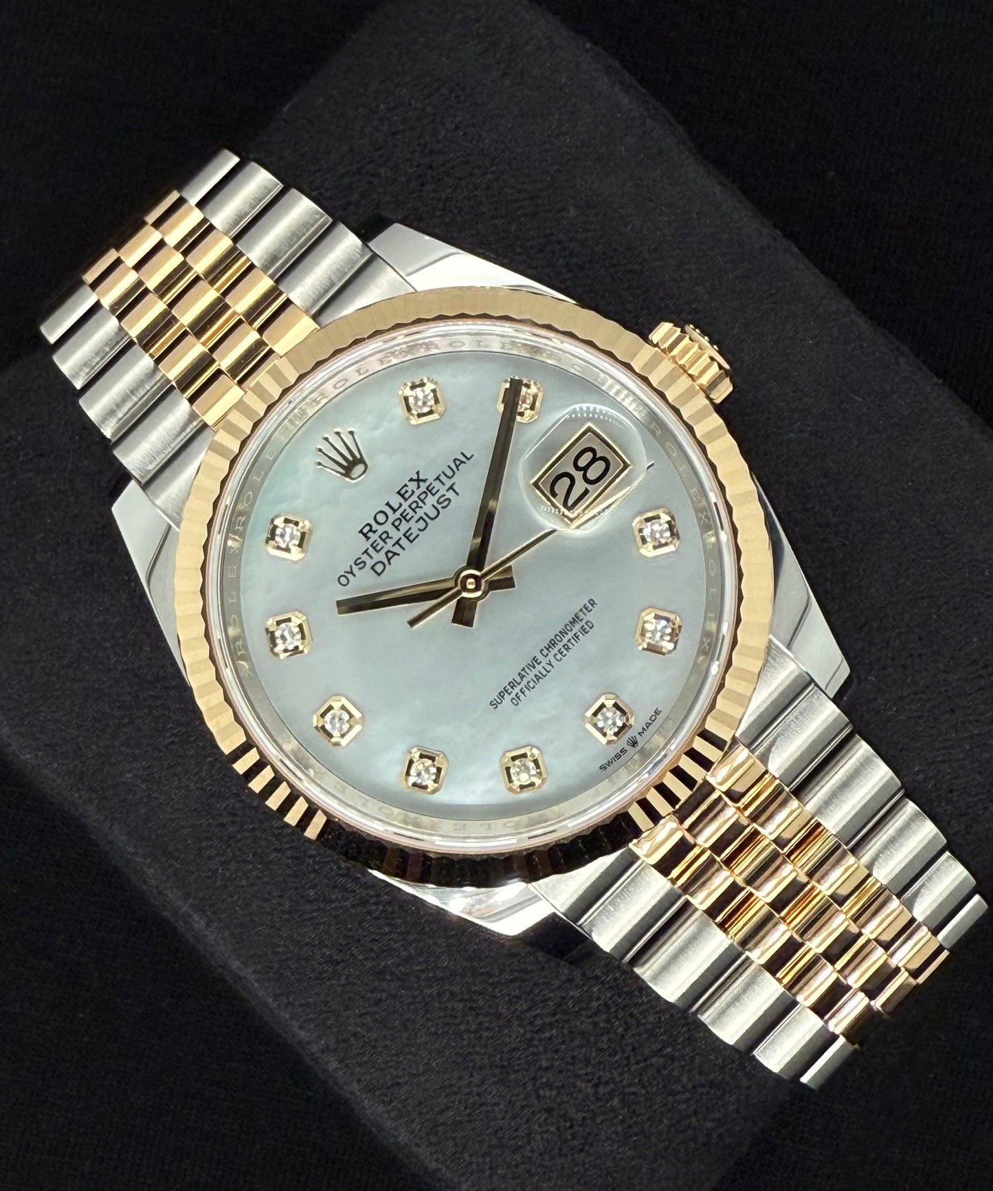 Rolex Datejust 36 Two-Tone Yellow Gold Mother of Pearl ‘MOP’ Diamond Dial 126233 Left