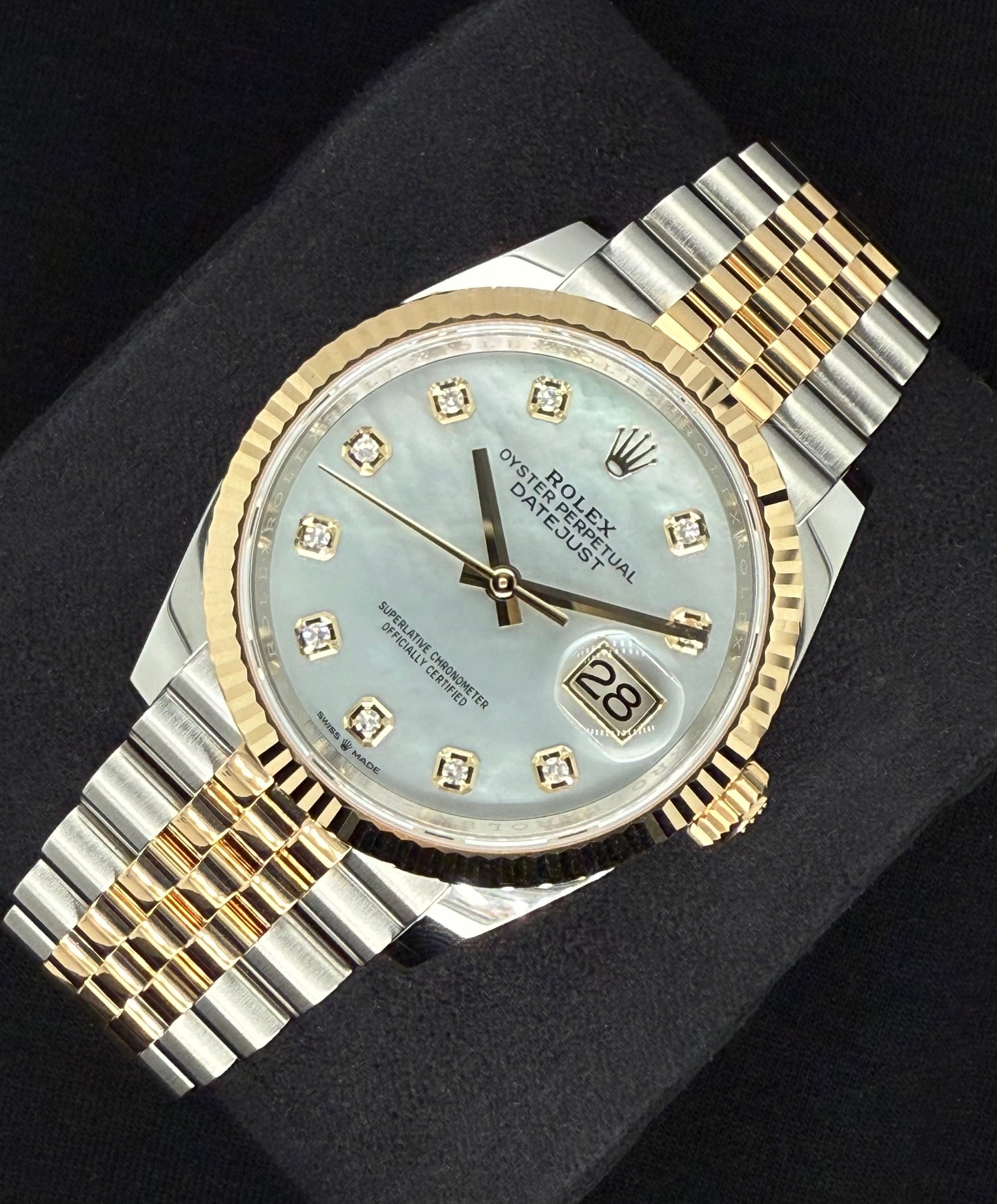 Rolex Datejust 36 Two-Tone Yellow Gold Mother of Pearl ‘MOP’ Diamond Dial 126233 Right