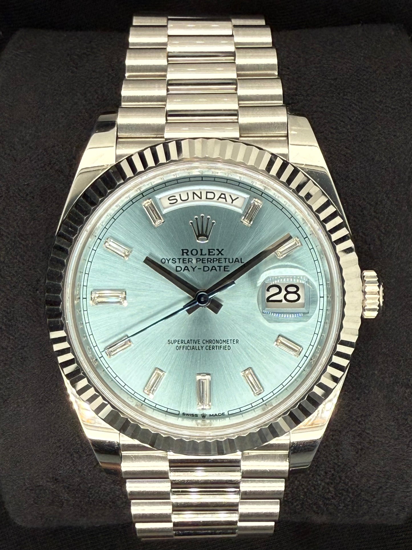 Rolex Day-Date 40 Platinum Ice Blue Diamond Baguette Dial 228236