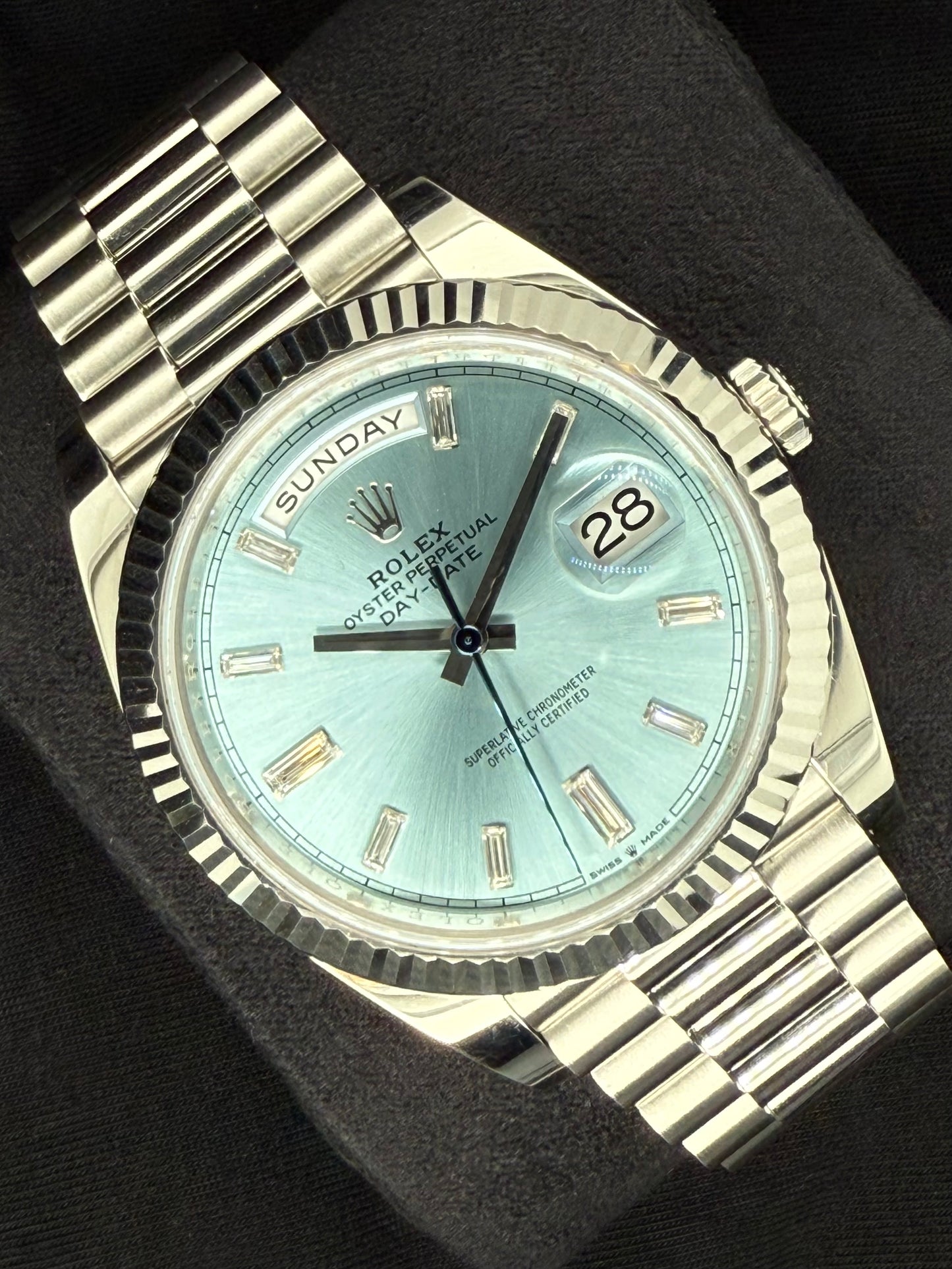 Rolex Day-Date 40 Platinum Ice Blue Diamond Baguette Dial 228236 left