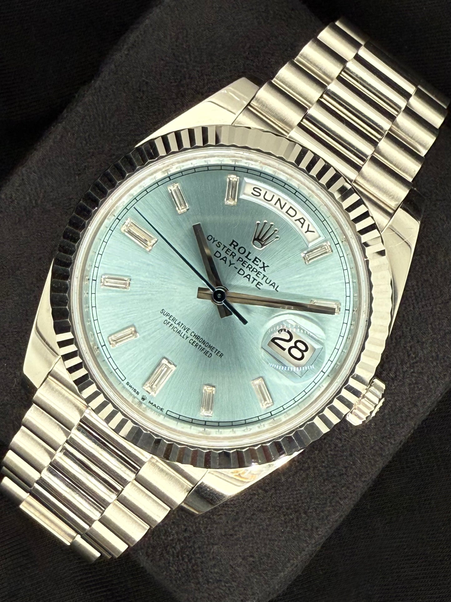Rolex Day-Date 40 Platinum Ice Blue Diamond Baguette Dial 228236 right