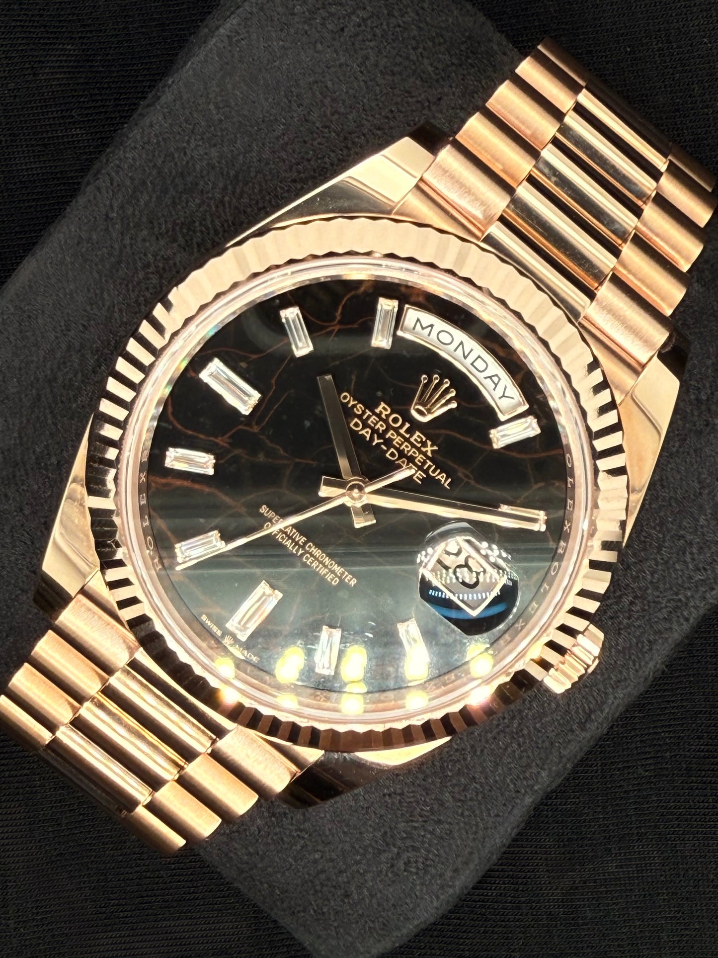 Rolex Day-Date 40 Everose Gold Watch Eisenkiesel Diamond Baguette Dial 228235 | 2022 | 40mm